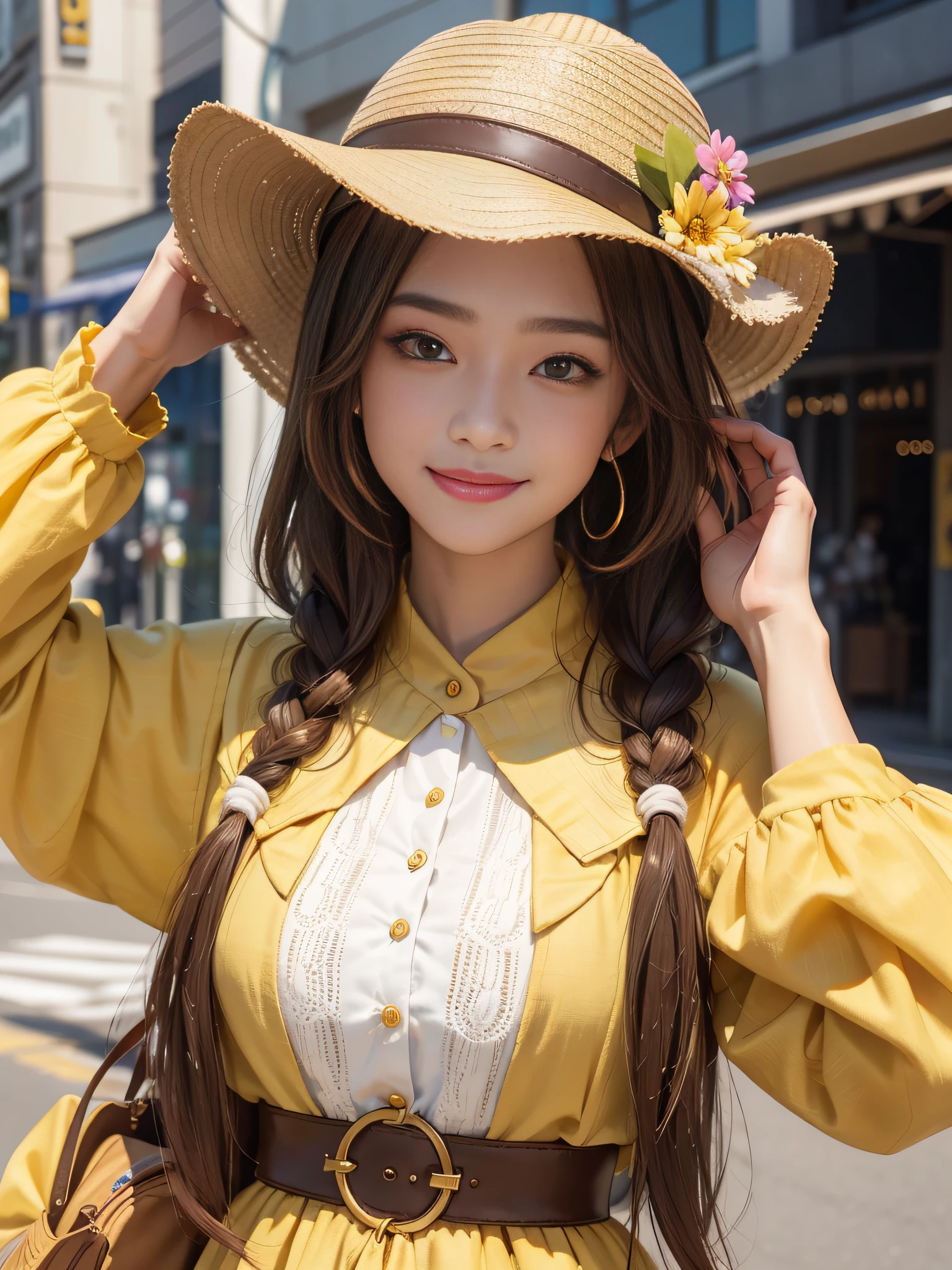 Close-up of the head,Yellow-brown hair,asiagirl,3D face,Wear stylish and colorful clothes,Wear a suitable hat on your head,watered eyes,Sweet smile --S 400 --ar 3:4 --q 5 --niji 5
