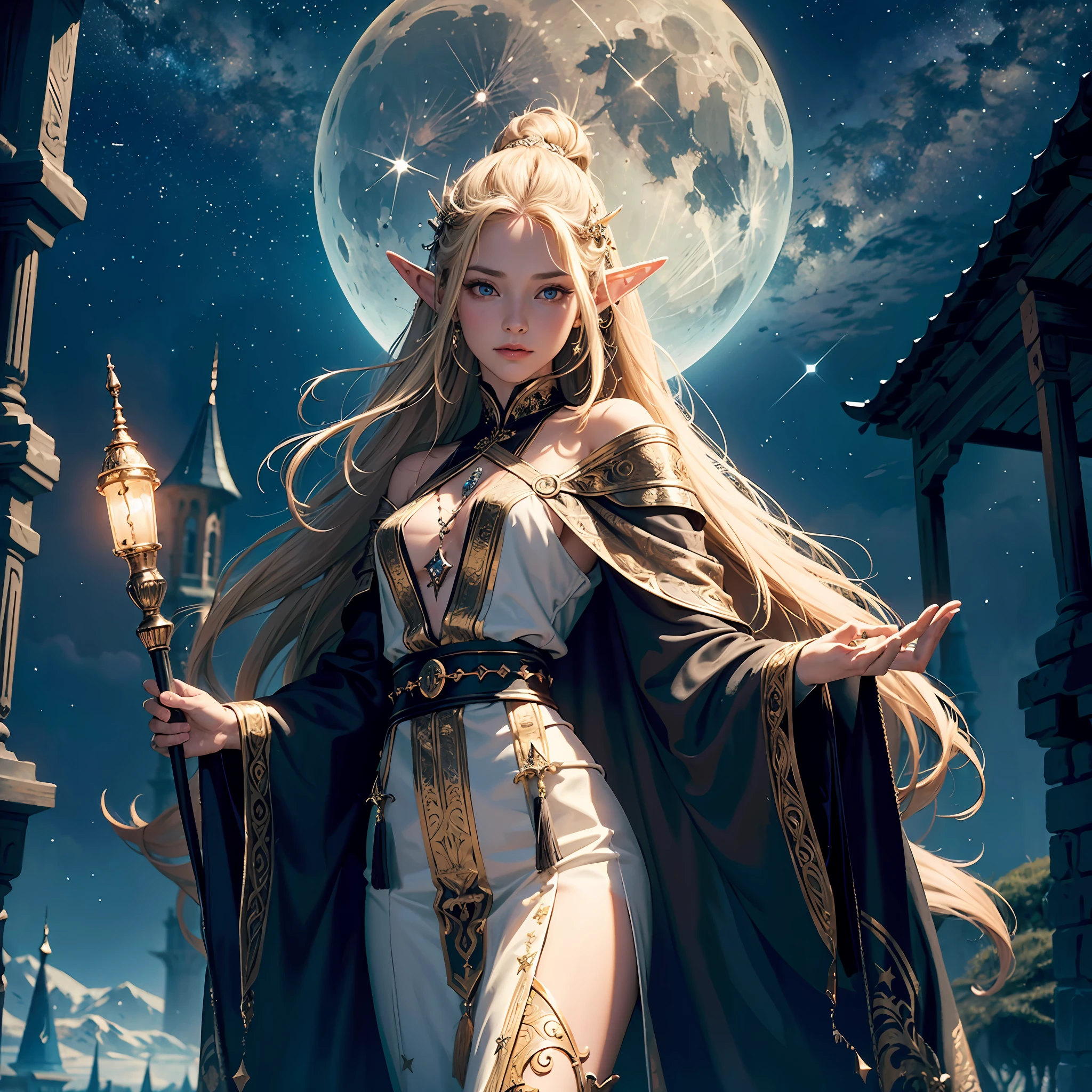 8k, ultra detailed, masterpiece, best quality, (extremely detailed), dynamic angle, anatomically correct, an ultra wide angle picture of a female elf wizard in front of a magical tower (1.5 intricate details, Masterpiece, best quality), female elf (1.5 intricate details, Masterpiece, best quality), beautiful elf, RPG elf (1.5 intricate details, Masterpiece, best quality), holding a magic staff, magical lights and patterns(1.5 intricate details, Masterpiece, best quality),  small pointed ears, blond hair, braided hair, magical tower ( 1.5, intense details, masterpiece), flowing robe, black robe with stars on it, (1.5 intricate details, Masterpiece, best quality). moon rays, stars, moon light, night time,