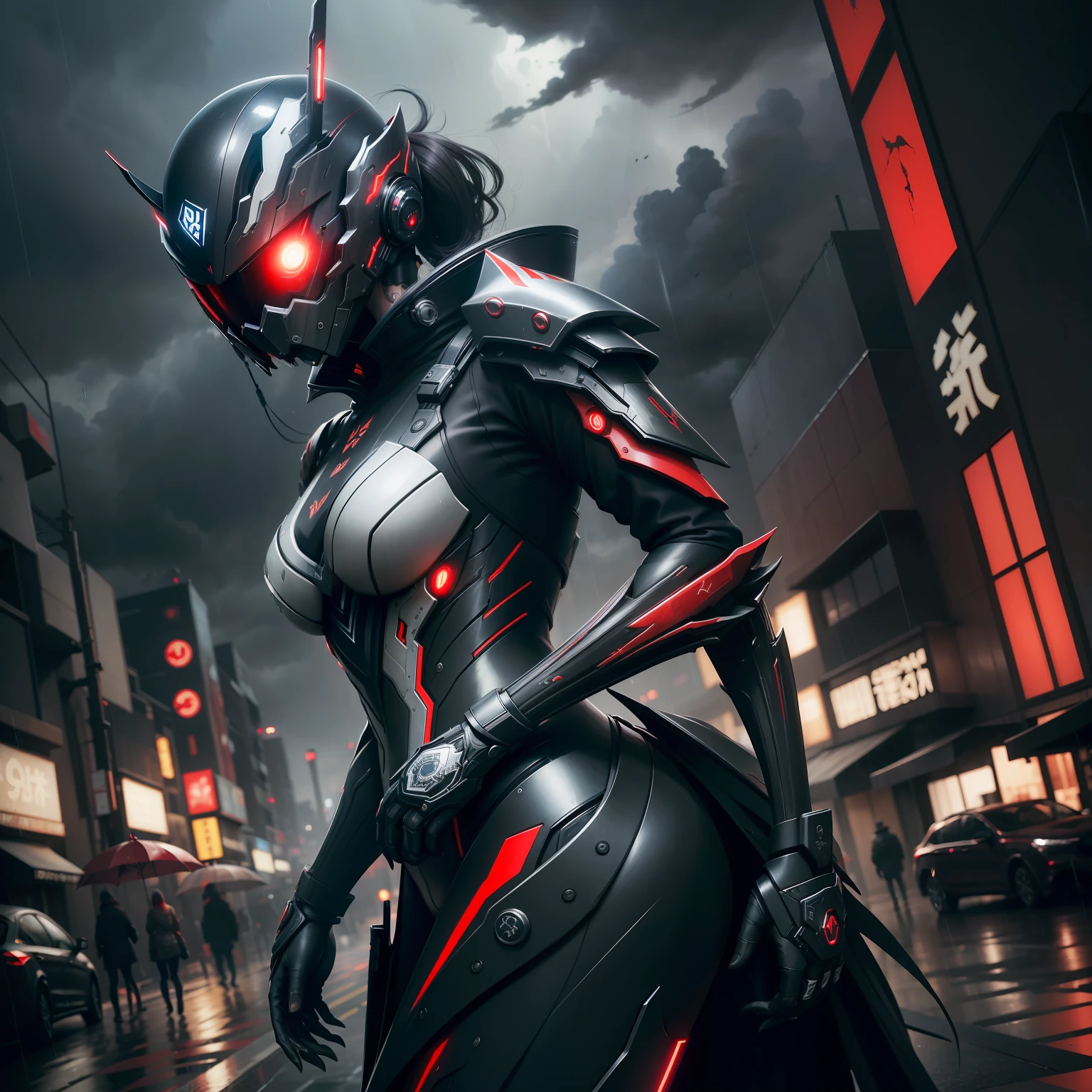 1 japanese girl, WARFRAME, intricate pattern, heavy metal, energy lines, faceless, glowing eyes, elegant, intense, blood red and black uniform, solo, modern, city, streets, dark clouds, thunderstorm, heavy rain,
dramatic lighting,
(masterpiece:1.2), best quality, high resolution, beautiful detailed, extremely detailed, perfect lighting,