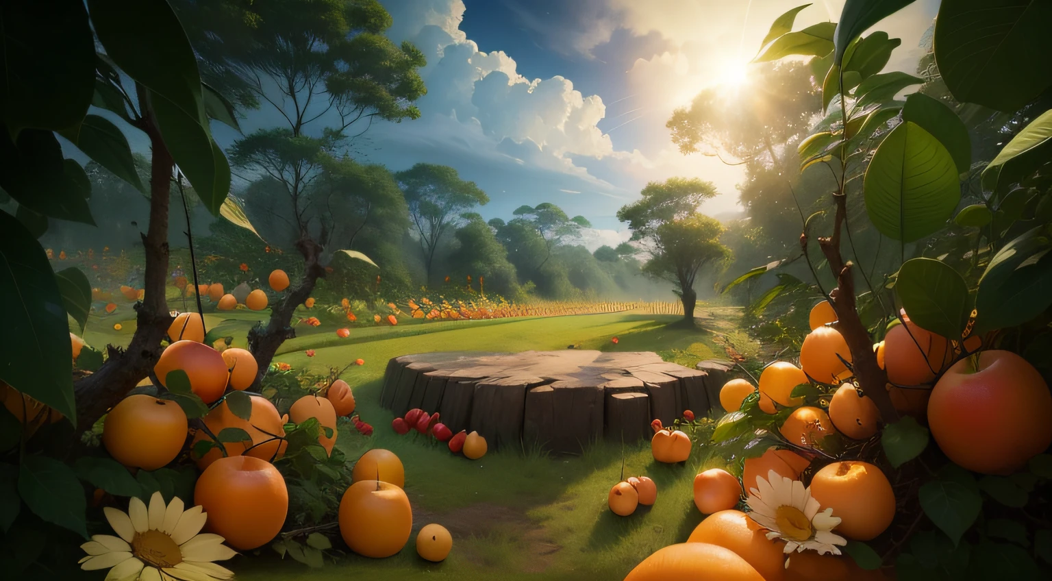 A scene of a fruit forest，The bright sky seemed to be set on fire