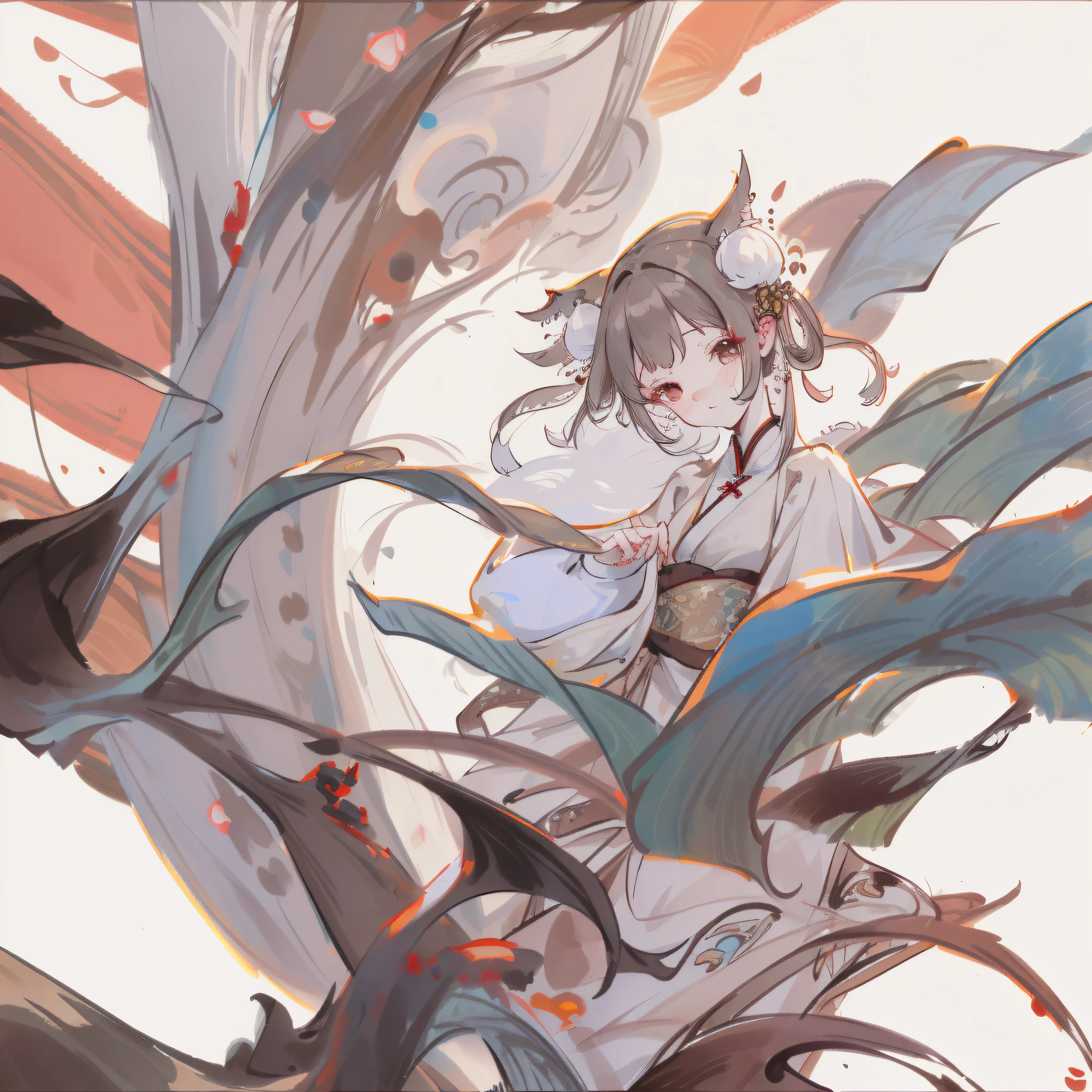 ((4k,masterpiece,best quality)),ink wash style, Traditional chinese painting, lotuses, Hanfu, maxiskit, dress conservatively 1 girl, 独奏, whaite hair, long whitr hair, fox ear, white colors, 比基尼, The fish, Many fish are close to the girl, looking at viewert, 8l