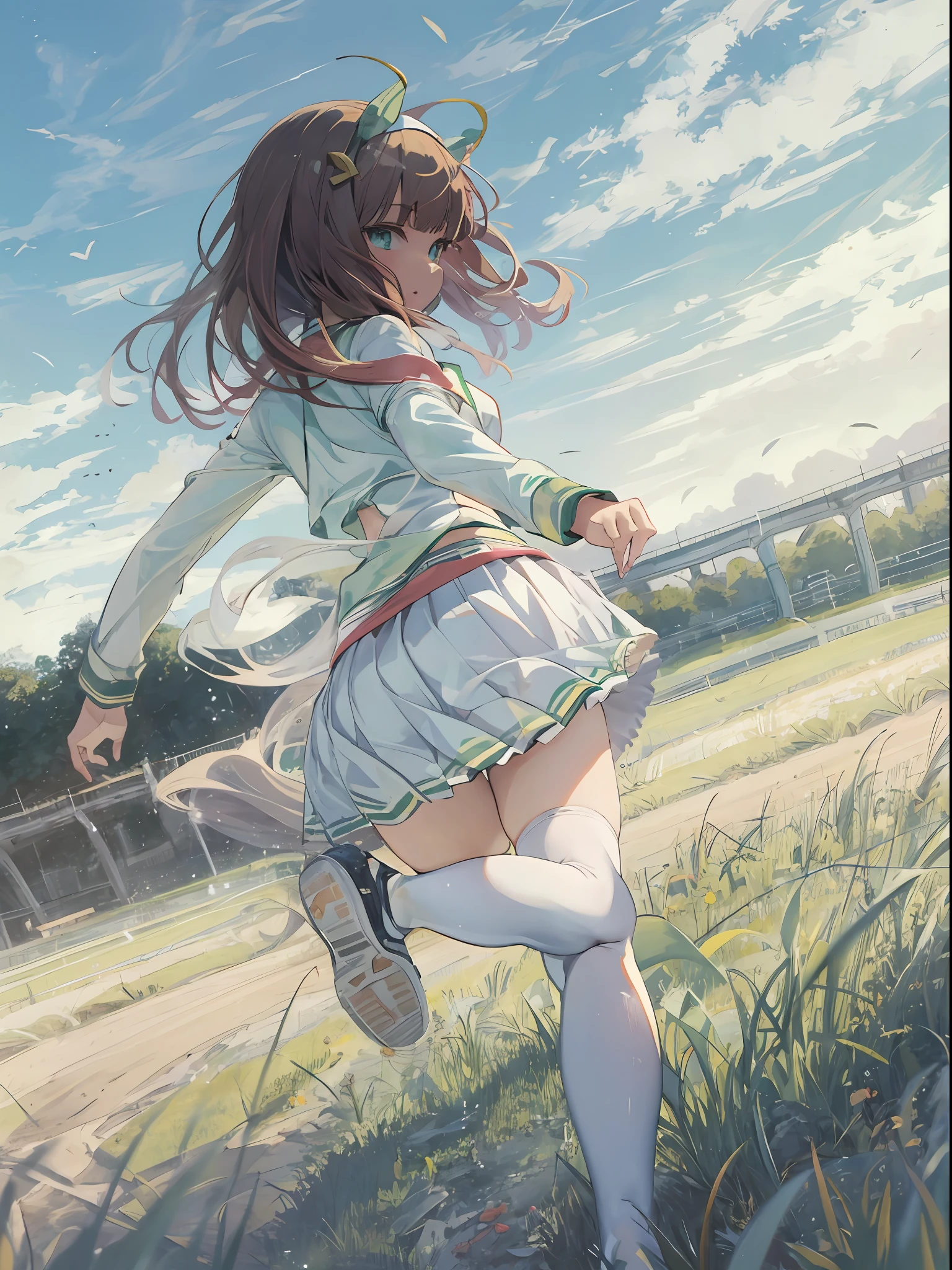 masutepiece, Best Quality,  Silence Suzuka \(Umamusume\),, White skirt, Pleated skirt, Black tights, White bra with patch, , Running, Loose grass,  Butt view, from the rear