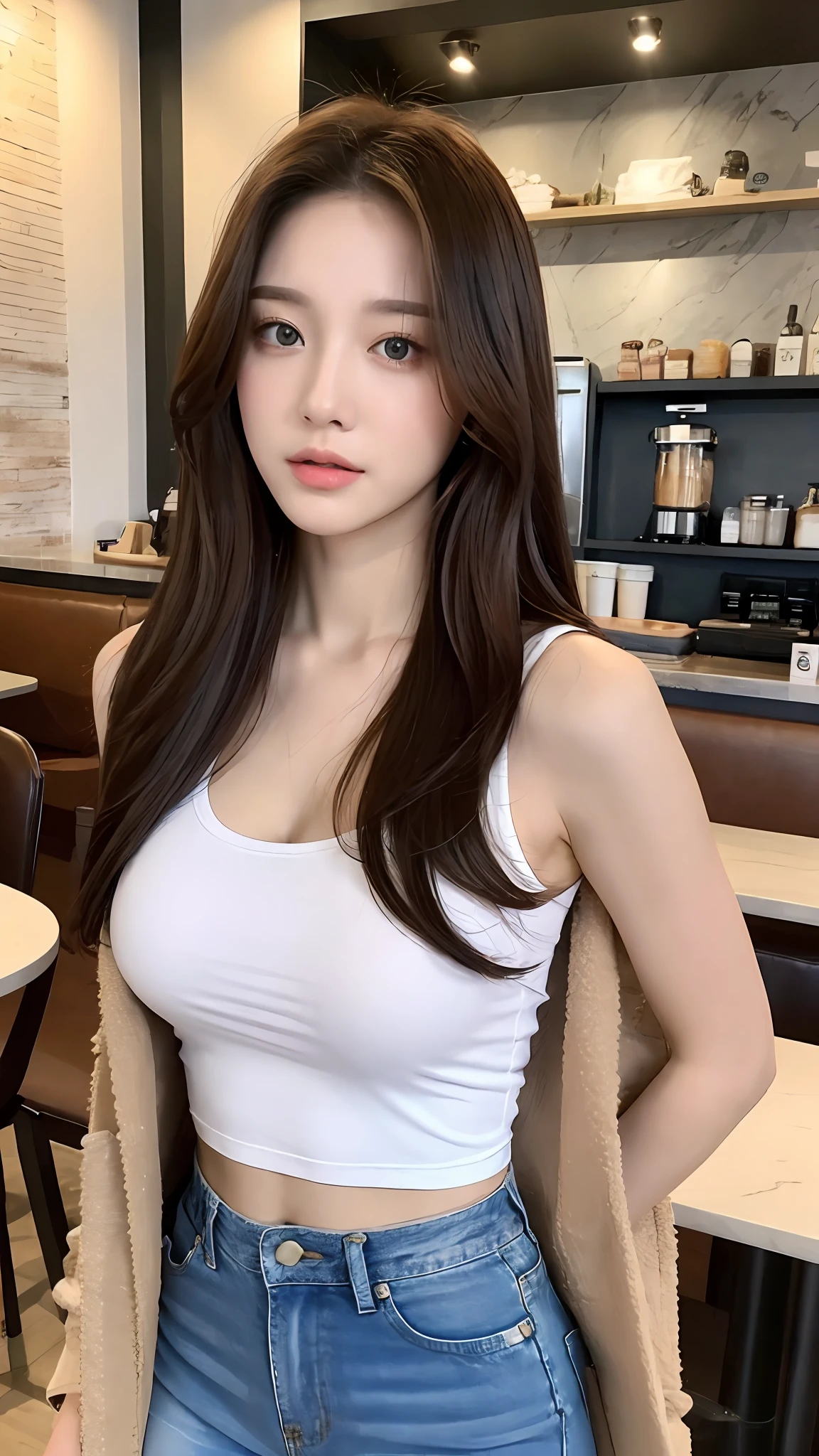 （realisticlying， A high resolution：1.3）， 1 girl with a perfect body， Super fine face and eyes，long whitr hair， Tank top of random colors：1.2， short jeans pants， in a cafe， Coffee on the table， huge tit，Coat vest，