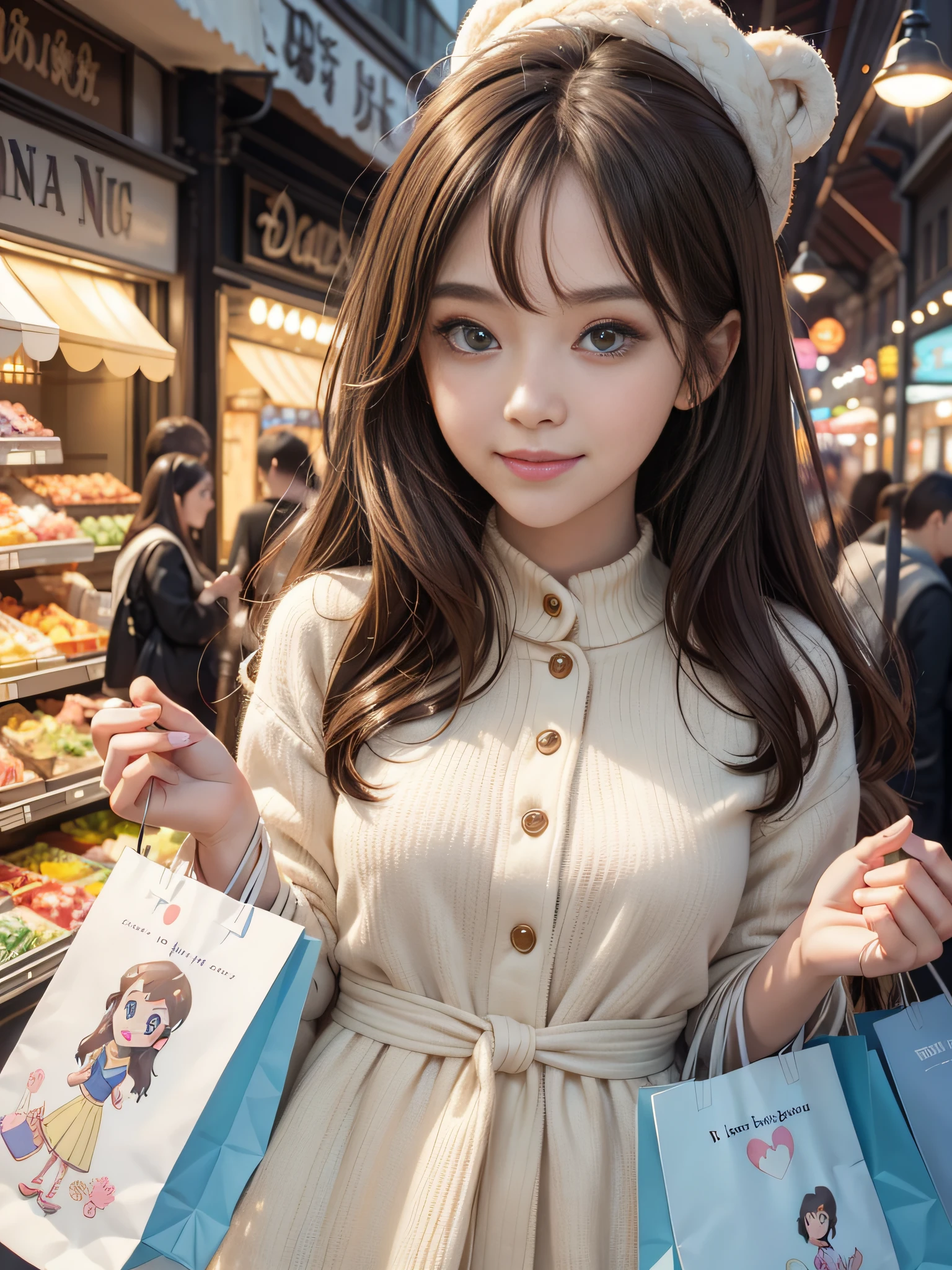 An anime character,Close-up of the head,big eyes girl, Smile sweetly,pale brown hair,Shopping and shopping life scene, Disney style, wrapped, Lovely, --AR 3:4 --q 5 --niji 5