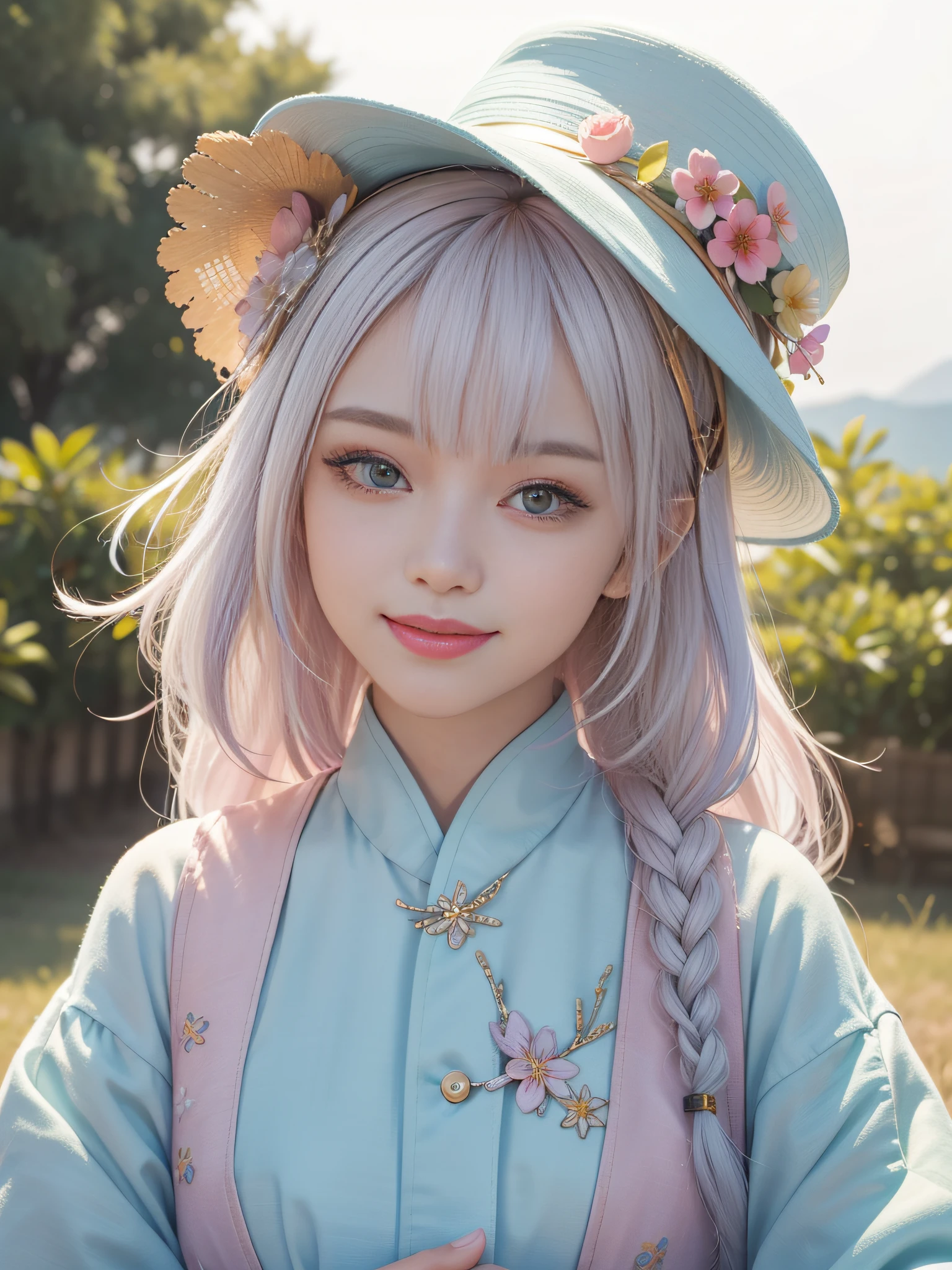 Close-up of the head,light colors hair,asiagirl,3D face,Wear fashionable and colorful clothes,Wear a suitable hat on your head,watered eyes,Sweet smile --S 400 --ar 3:4 --q 5 --niji 5
