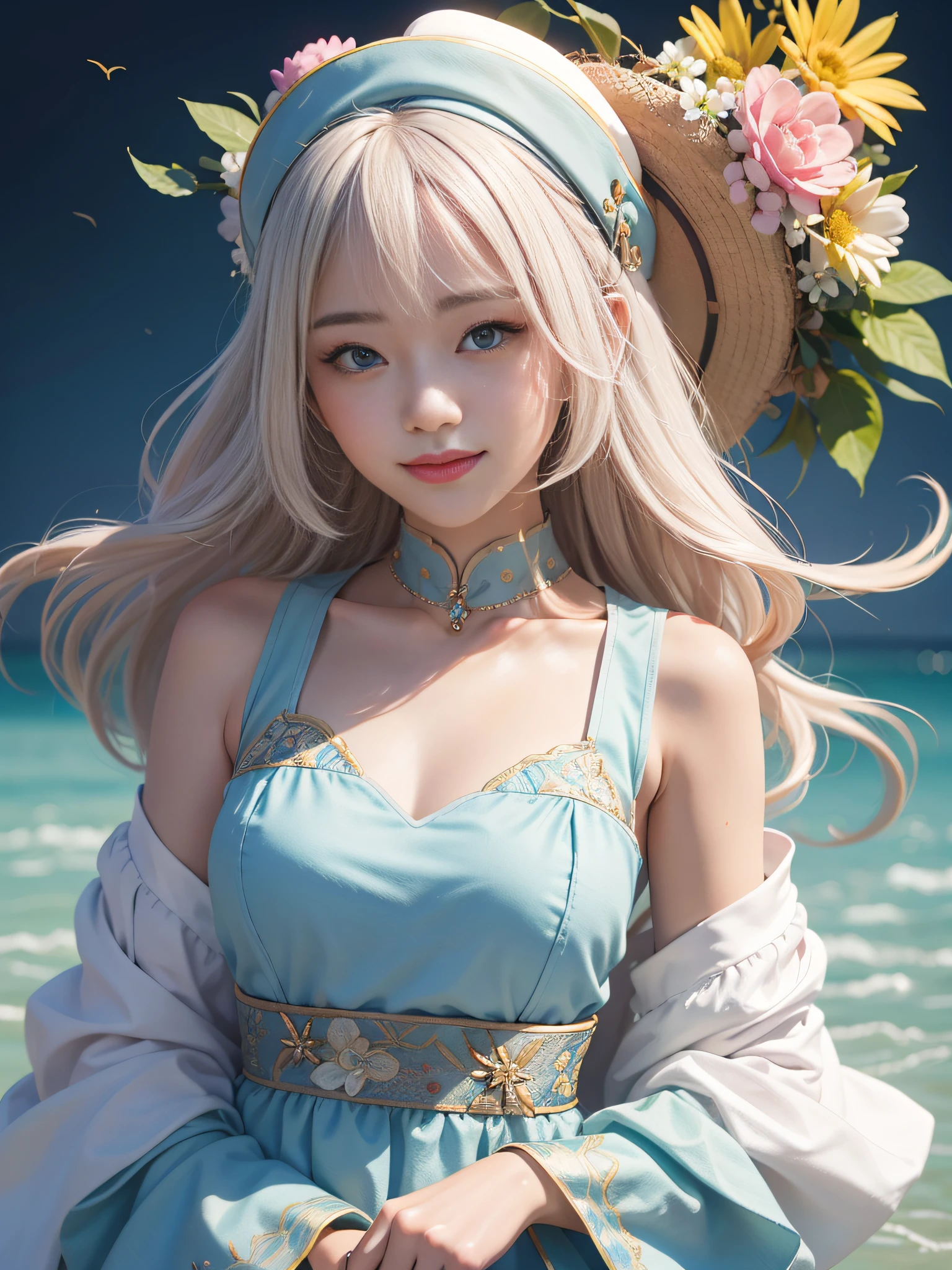 Close-up of the head，light colors hair，asiagirl，3D face，Wear fashionable and colorful clothes，Wear a suitable hat on your head，watered eyes，Sweet smile --S 400 --ar 3:4 --q 5 --niji 5