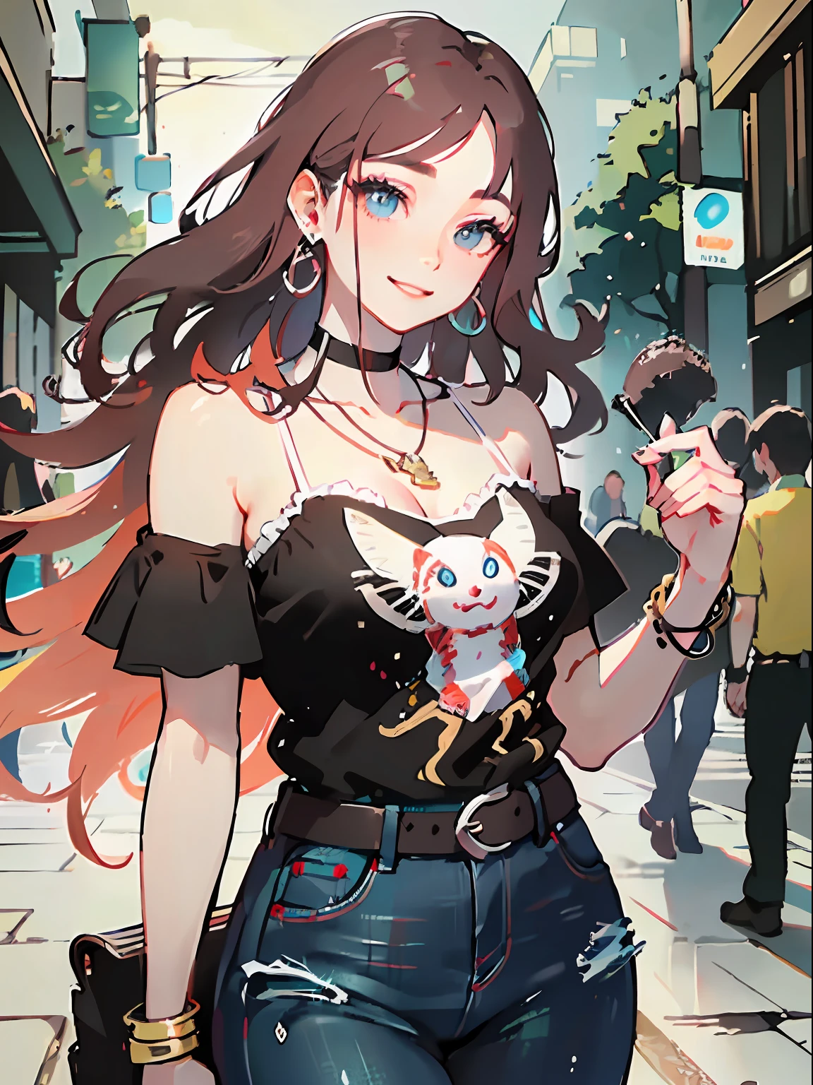 (masterpiece:1.2), (best quality:1.2), perfect eyes, perfect face, perfect lighting, 1boy, mature female, smiling, long red hair, straight hair, sophisticated haircut, stylish, single bare shoulder shirt long, music band print, jewelry, necklace, earrings, armlets, lacey choker, belt, low cut black jeans, thick eyelashes, makeup, eyeshadow, detailed mall background, crowd