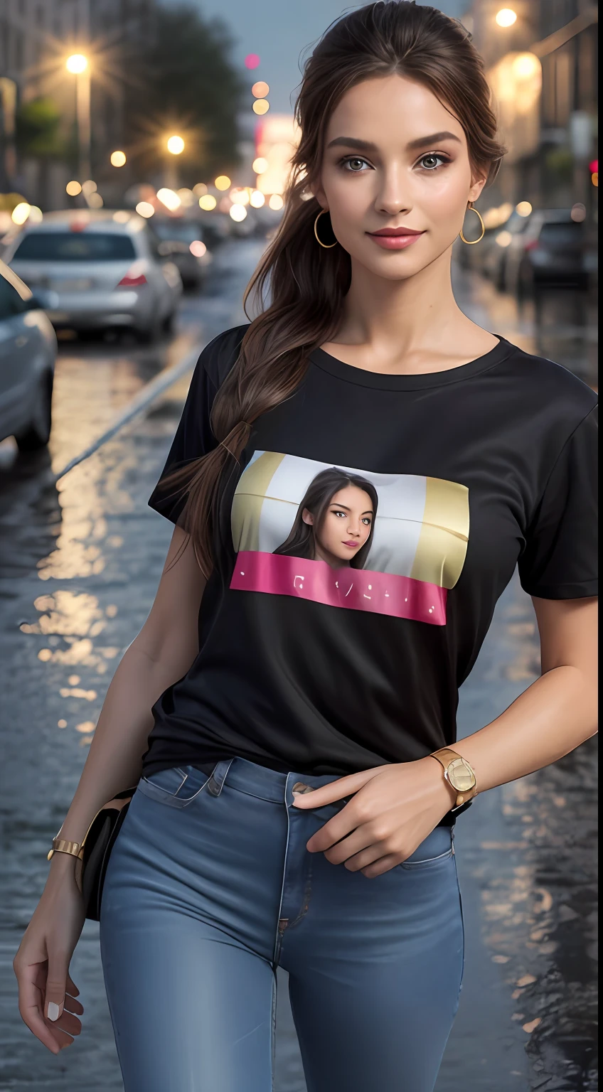 ((Best Quality, 8k, Masterpiece:1.3)), Focus: 1.2, Perfect Body Beauty: 1.4, front looking 1.2, ((Long Hair)), (Charcoal gray round neck plain Tee-shirt:1.1) , (Rainy Street:1.3), Blue skinny damage jeans, full length jeans: 1.1, Highly detailed face and skin texture, Detailed black eyes, Double eyelids, toned body, Whitened skin, smile, black hair's, color jogger's, perfect feet's, firm breasts, firm thiges, looking at camera, fashion shoot style, carrying brown handbag, full body length tee-shirt, Short sleeves, lose fitting tee-shirt, ponytail, fashion hand bangle's, color earrings, gold bracelet, apple watch, regular fit Teeshirt, rainy weather