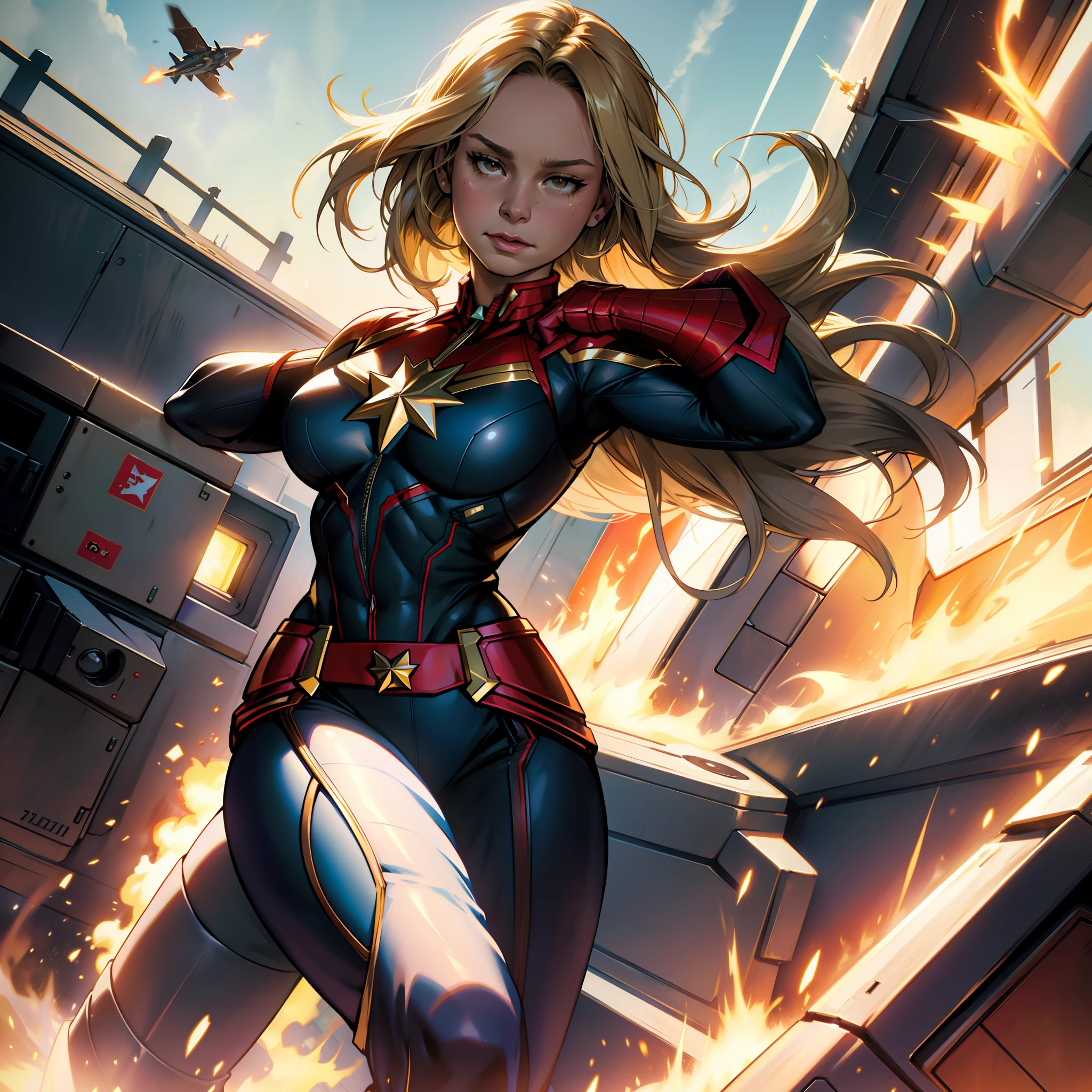 Captain marvel, Huge-breasts, Lush breasts, elastic breasts, hairlong, Luxurious hair, In costume, flies in the sky, superhero, in full height, evil look, magic, Flight Beam, beste-Qualit, Very detailed, 8k quality, in full height