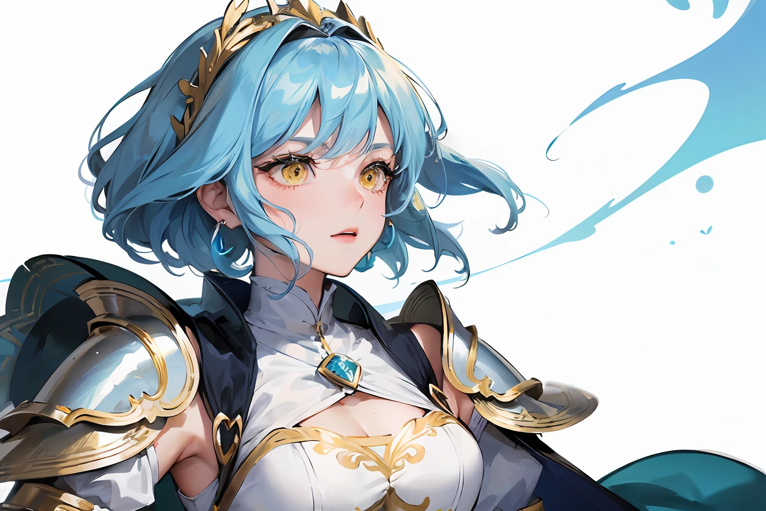 ((masterpiece)),(((best quality))),(character design sheet, same character, front, side, back), illustration, 1woman adult, (short hair), (poofy hair), blue hair, bangs, hairstyle fax, (yellow eyes), environment Scene change, hairstyle fax, pose Zitai, female, ancient armor, charturnbetalora, (simple background, white background: 1.3), highly intricate accessories, highly intricate clothes, white dress, gold trim, Lightblue hair, bright color, earrings, armor, shoulder armor, sword, hairband