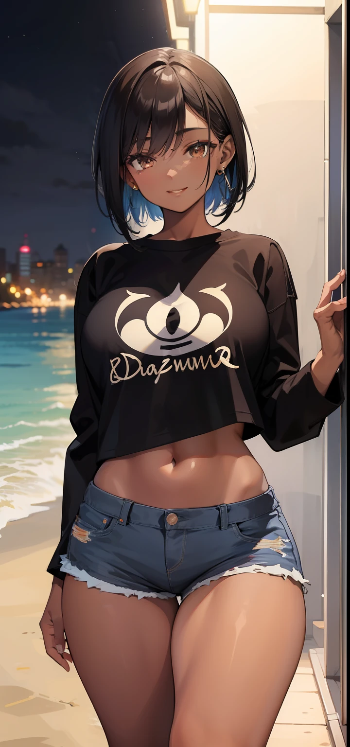 brazilian woman, dark skin, perfect brown eyes, details, ear, eyebrow, smiling, lips, long straight hair, printed sweatshirt, ripped open short shorts, thin waist, thick legs, thick thighs, background scenery, rio de janeiro ultra detailed, on the beach, night light, night, night day