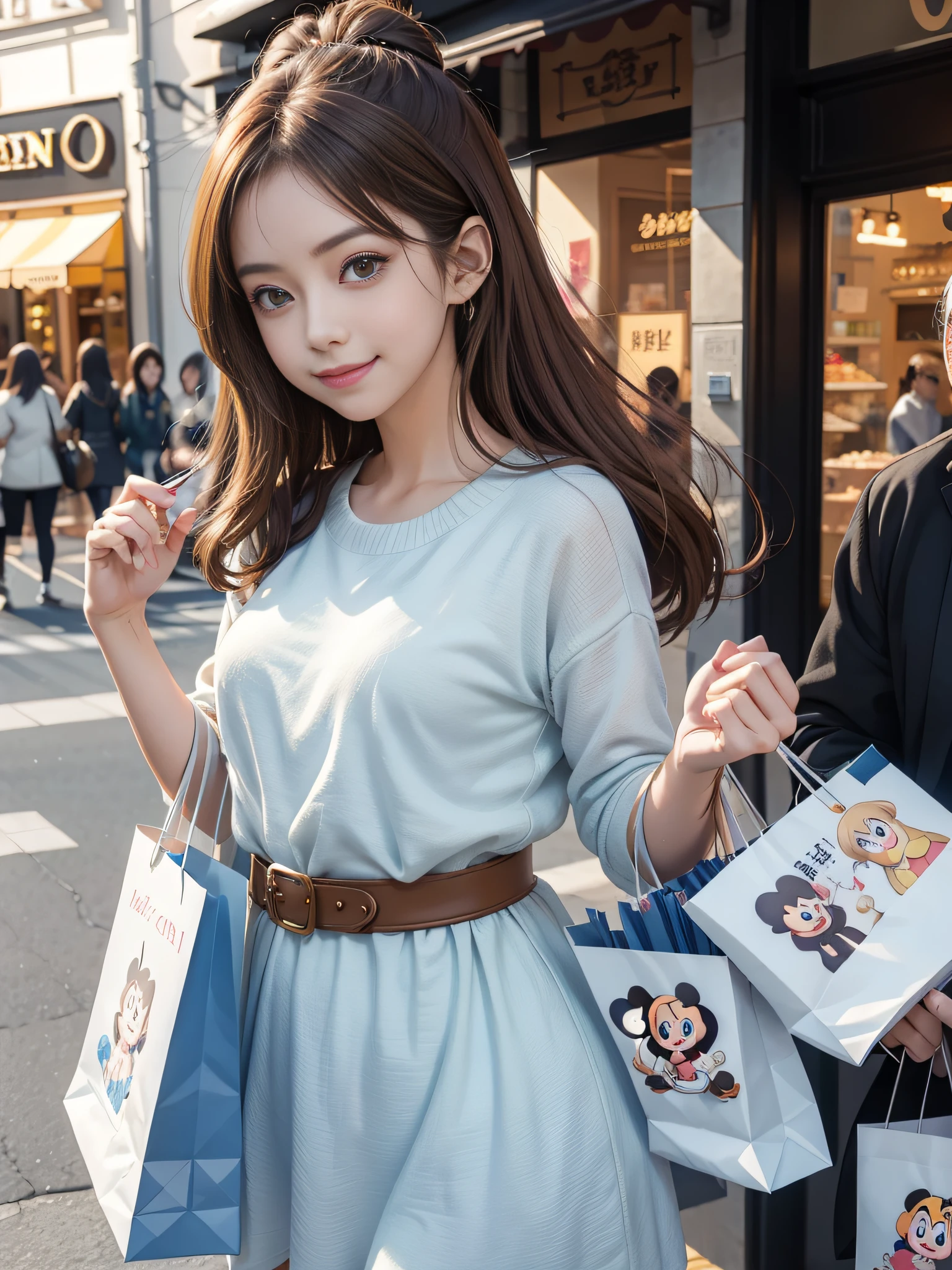 An anime character,Close-up of the head,big eyes girl, Smile sweetly,pale brown hair,Shopping and shopping life scenes, Disney style, wrapped, Lovely, --AR 3:4 --q 5 --niji 5
