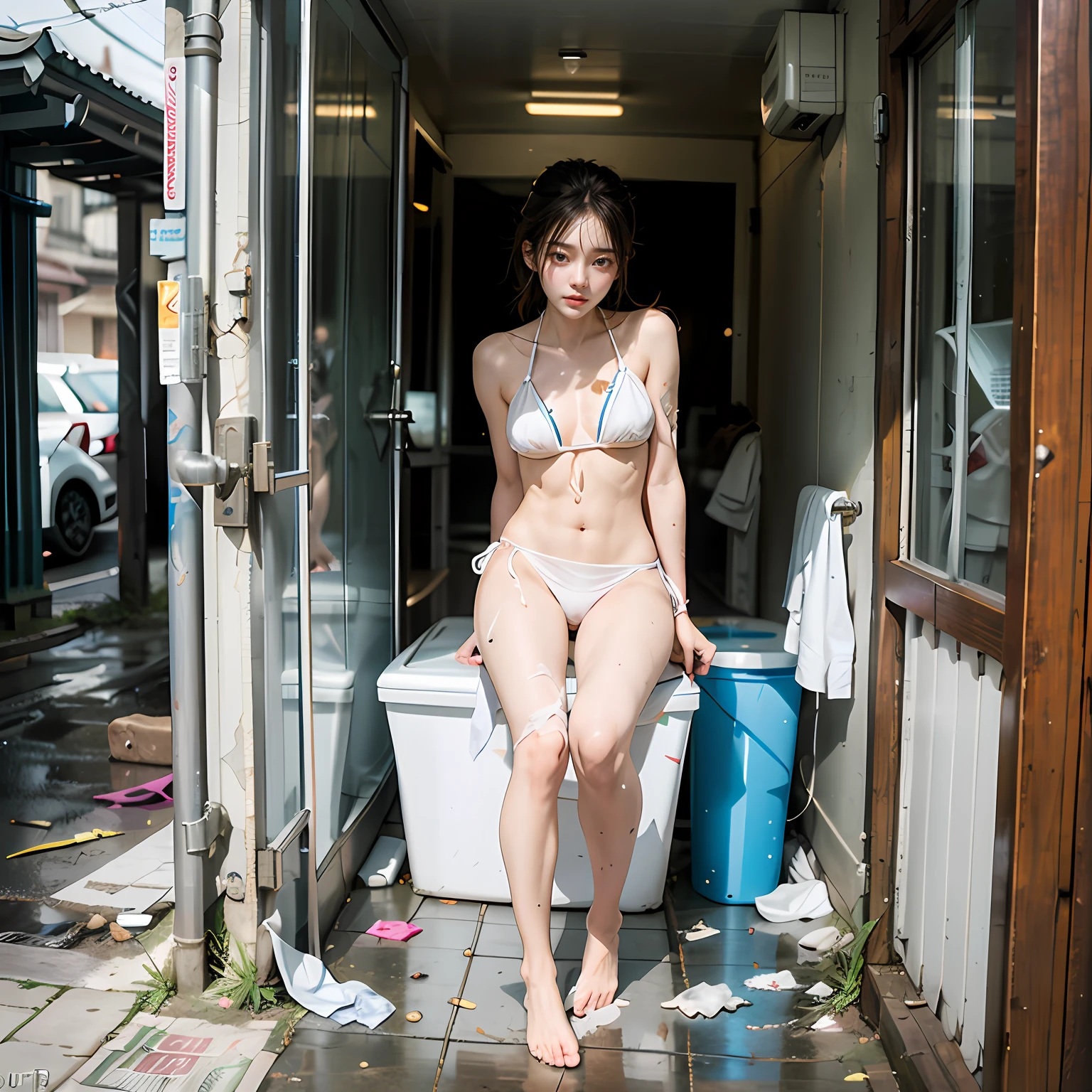 Abandoned men's toilets,A very cute extreme exhibitionist Korean girl,sexyposture,Wearing a naked,She wore only a white transparent bikini,The barefoot,Garbage all over the ground,grimy, tmasterpiece, highly detailed,best qualtiy,Extreme image quality