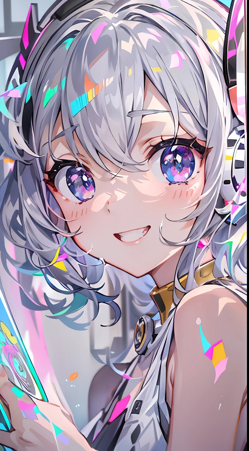masutepiece、Ultra-high-definition digital art、(nffsw)、1girl in、Grey Color Hair、straight haired、kawaii faces、((ssmile😄))、White Sleeveless Performance Wear、headphones、(DJ Booth)、Crystal clear skin、beautidful eyes、disco、mirror ball、Two、Floor Audience、Sweat glitters、perfect hand、intricate detailes、sharpnes、Fun pose、Capture the best moments
