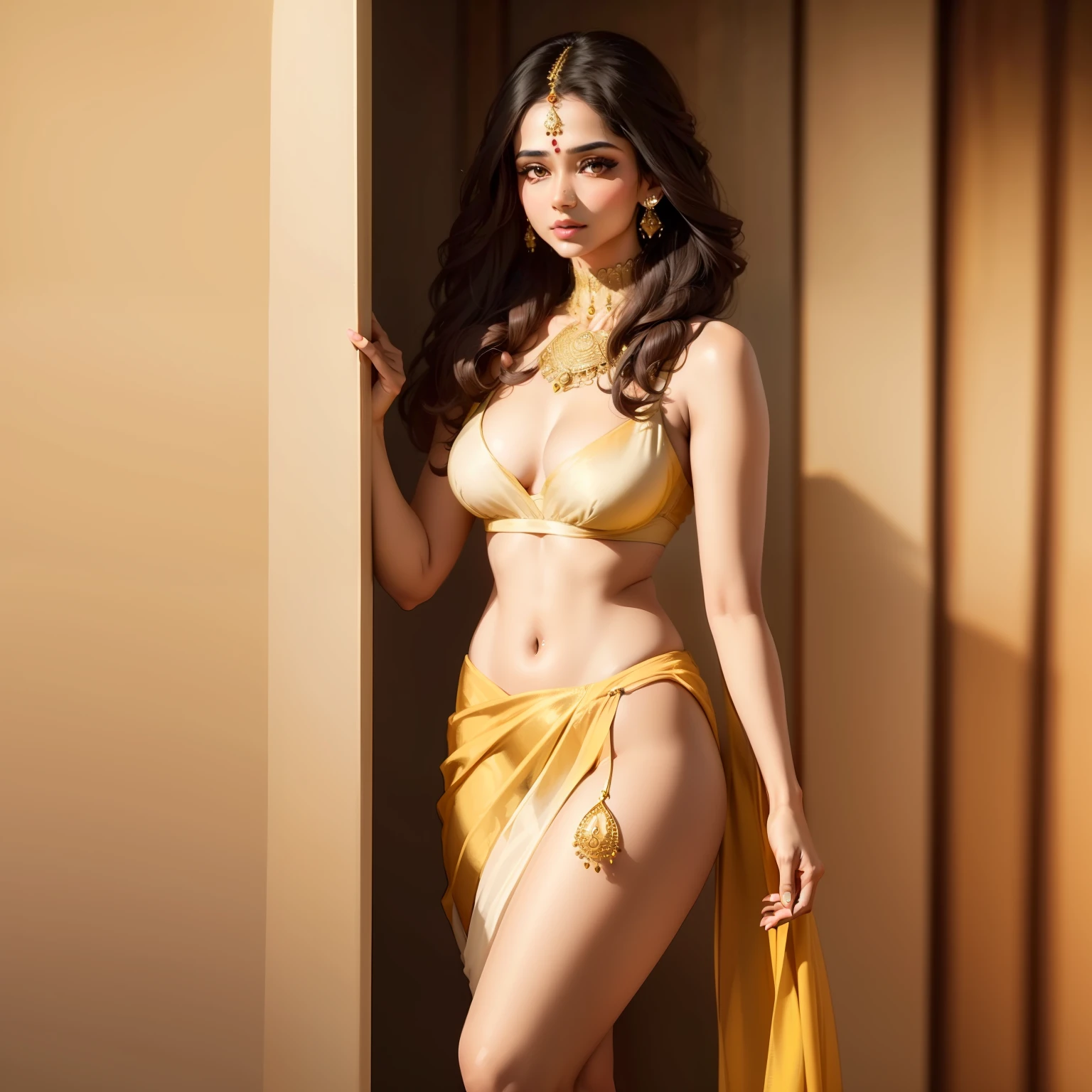 A Indian woman.very sexy.seductive body.white skin.detailed face.wearing saree.bra can be shown.golden short bra.very short panty.golden panty.long hairs.indian beauty.natural beauty.earrings on ear.ultra detailed face.ultra hd image.4k.high lighting.from thigh.medium breasts.