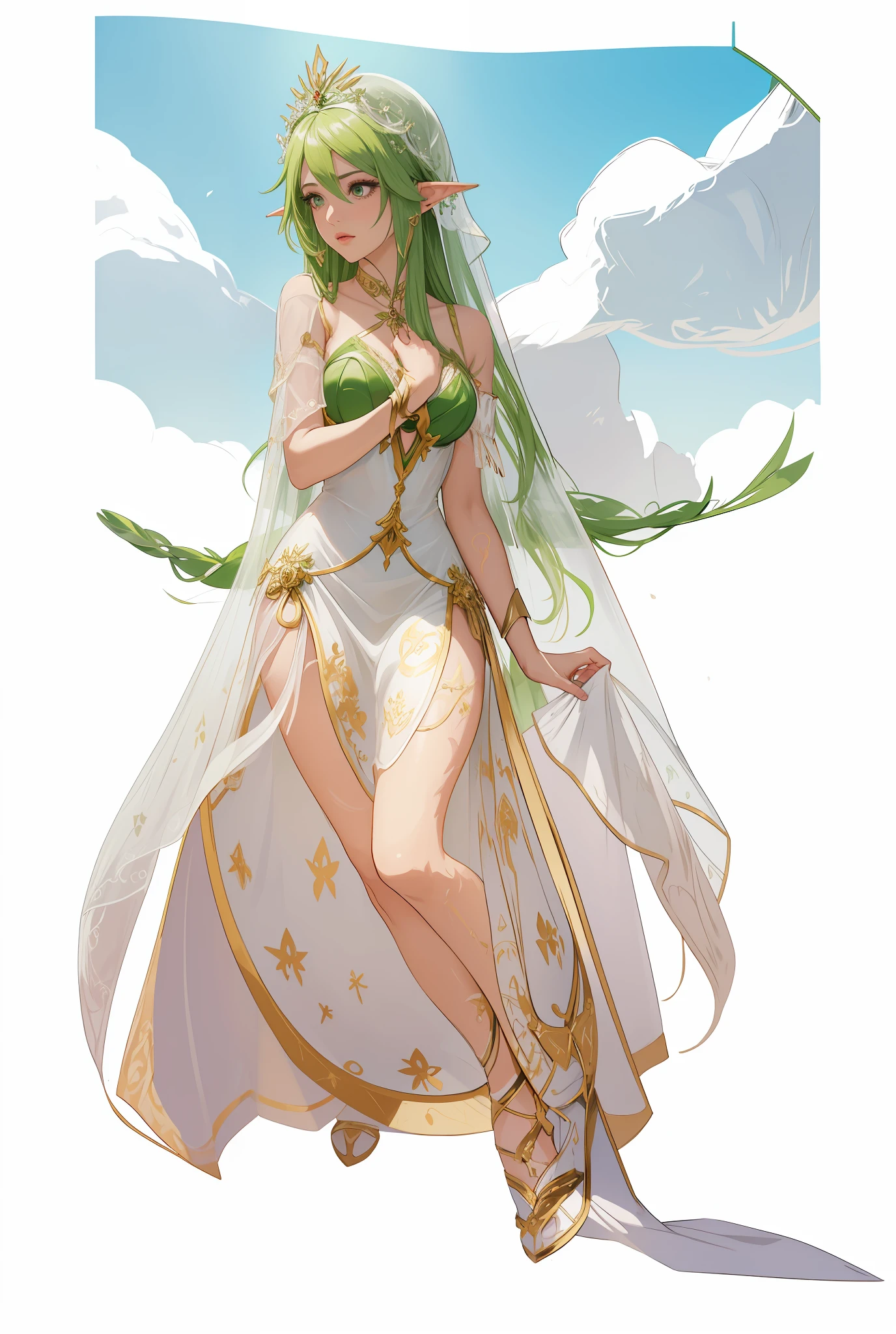Photo of a woman in a green corset and a green dress,Palutna with white transparent veil, lady palutena, Elf Princess, alluring elf princess knight, palutena smash, (((mad))) Elf Princess, An elf queen, line art in colour, beautiful and elegant elf queen, made with anime painter studio, colored sketch, elven princess, Anime goddess