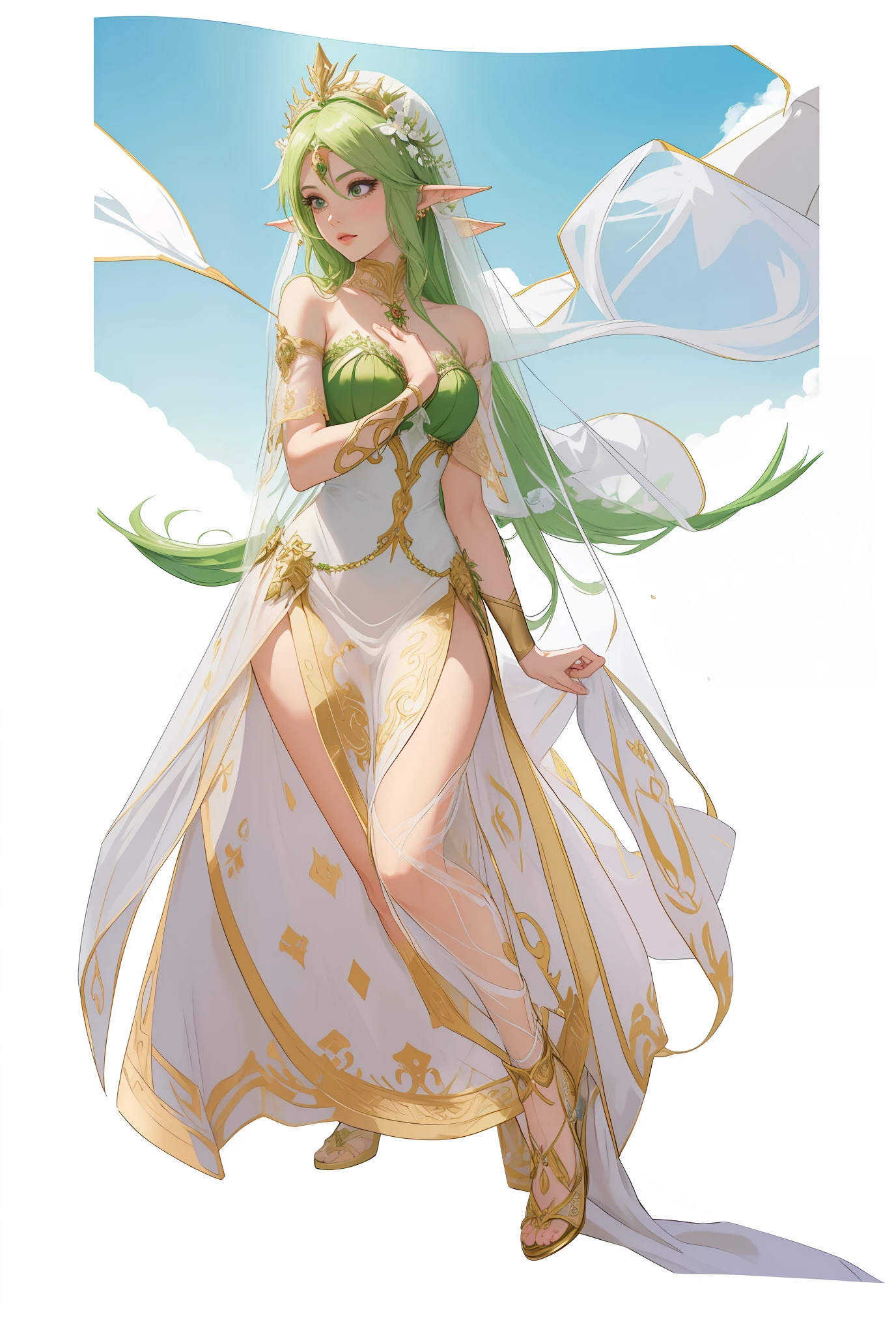 Photo of a woman in a green corset and a green dress,Palutna with white transparent veil, lady palutena, Elf Princess, alluring elf princess knight, palutena smash, (((mad))) Elf Princess, An elf queen, line art in colour, beautiful and elegant elf queen, made with anime painter studio, colored sketch, elven princess, Anime goddess