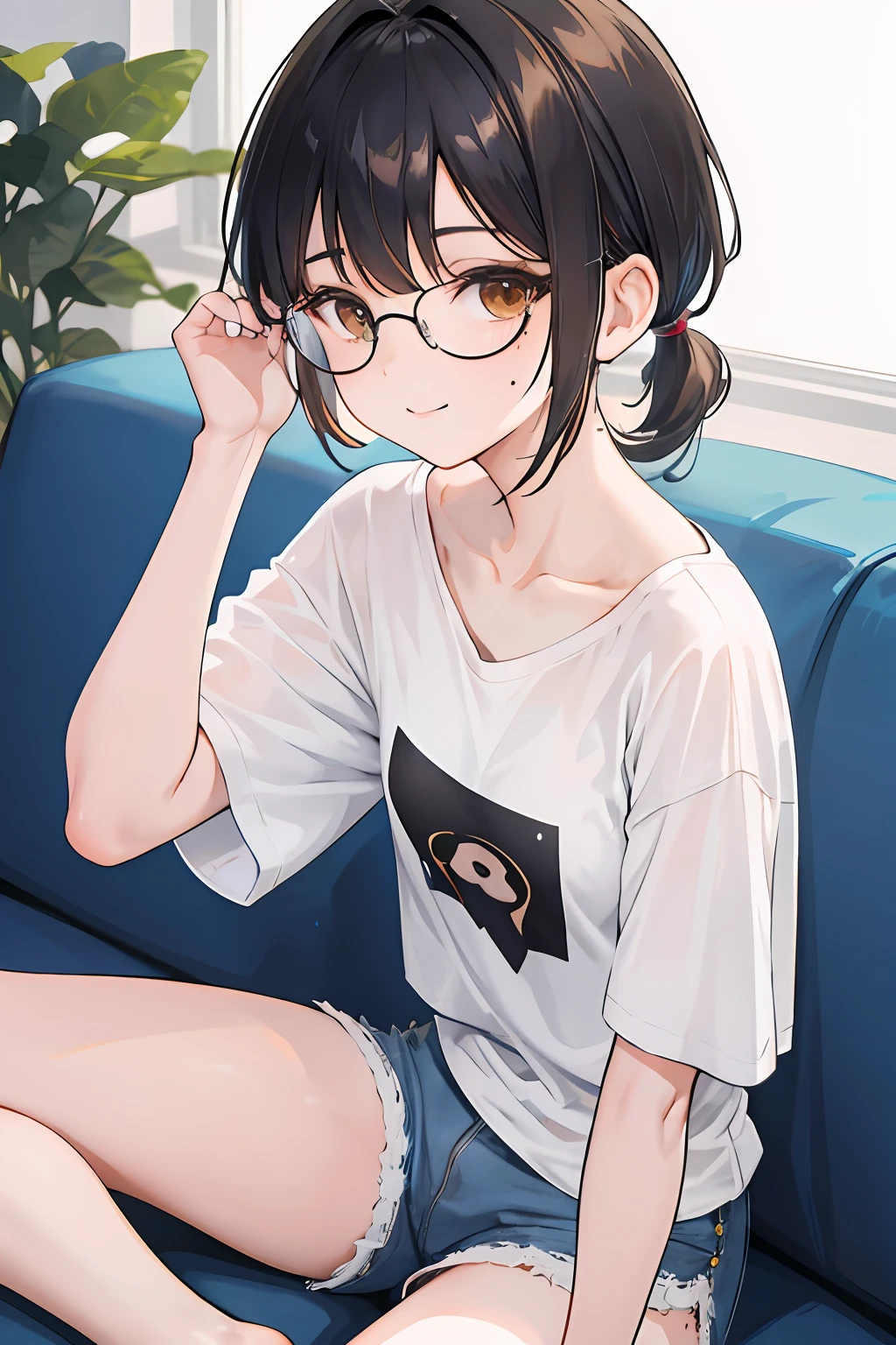 1girl, woman, mature, brown eyes, solo, hair in a ponytail, short hair, (blue short t-shirt), shirt, white shorts, black hairpin on hair, black hair, bangs, small breast, 
flat breast, half body, Sit down, wear eyeglasses, indoor backgrounds, smile, glazed eyes, moles on the neck and on the cheeks, sit on the couch,