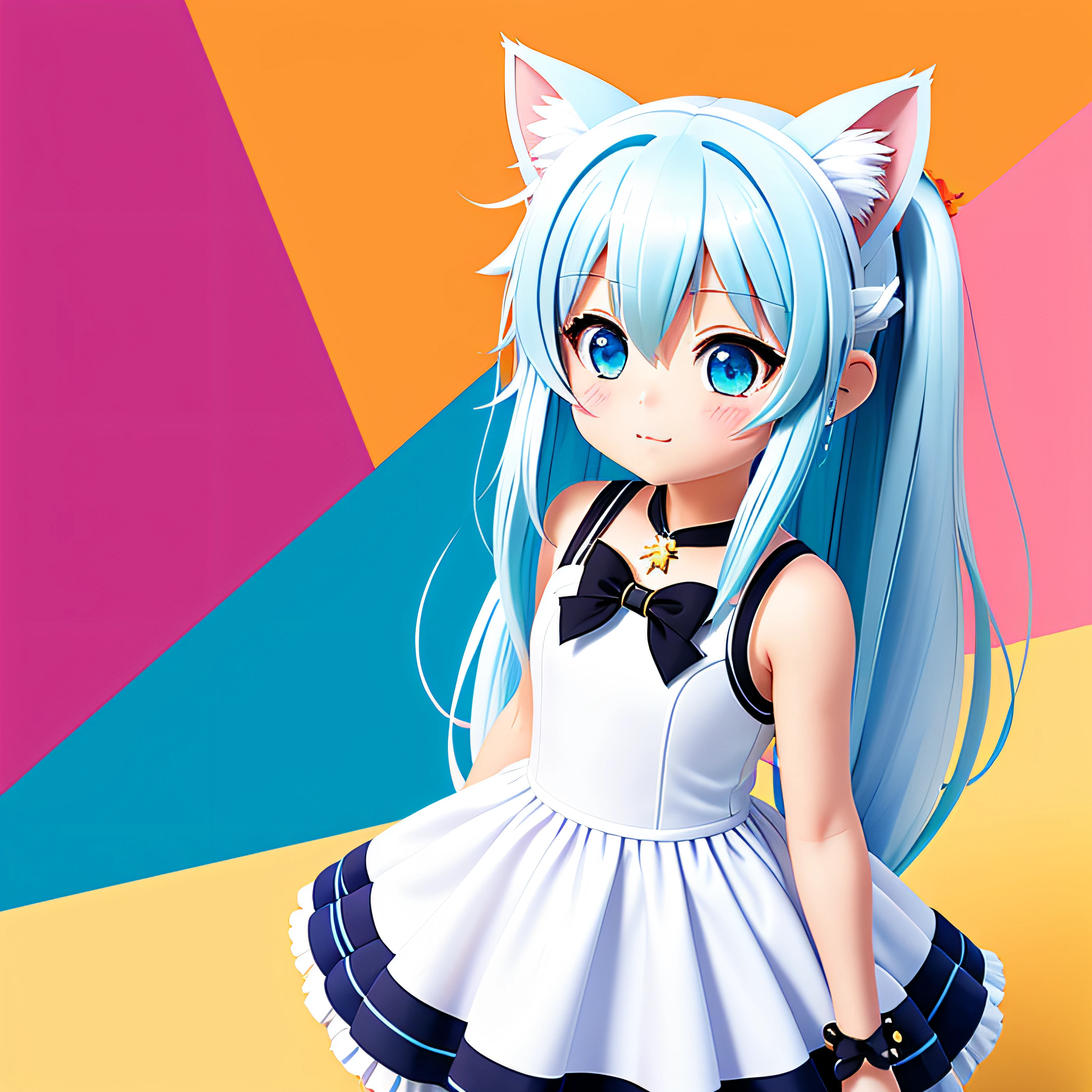 1girl, animal ears, tail, chibi, white hair, cat ears, solo, cat tail, long hair, hair ornament, cat girl, virtual youtuber, dress, blue eyes, ahoge, bow, white background, animal ear fluff, hairclip, holding