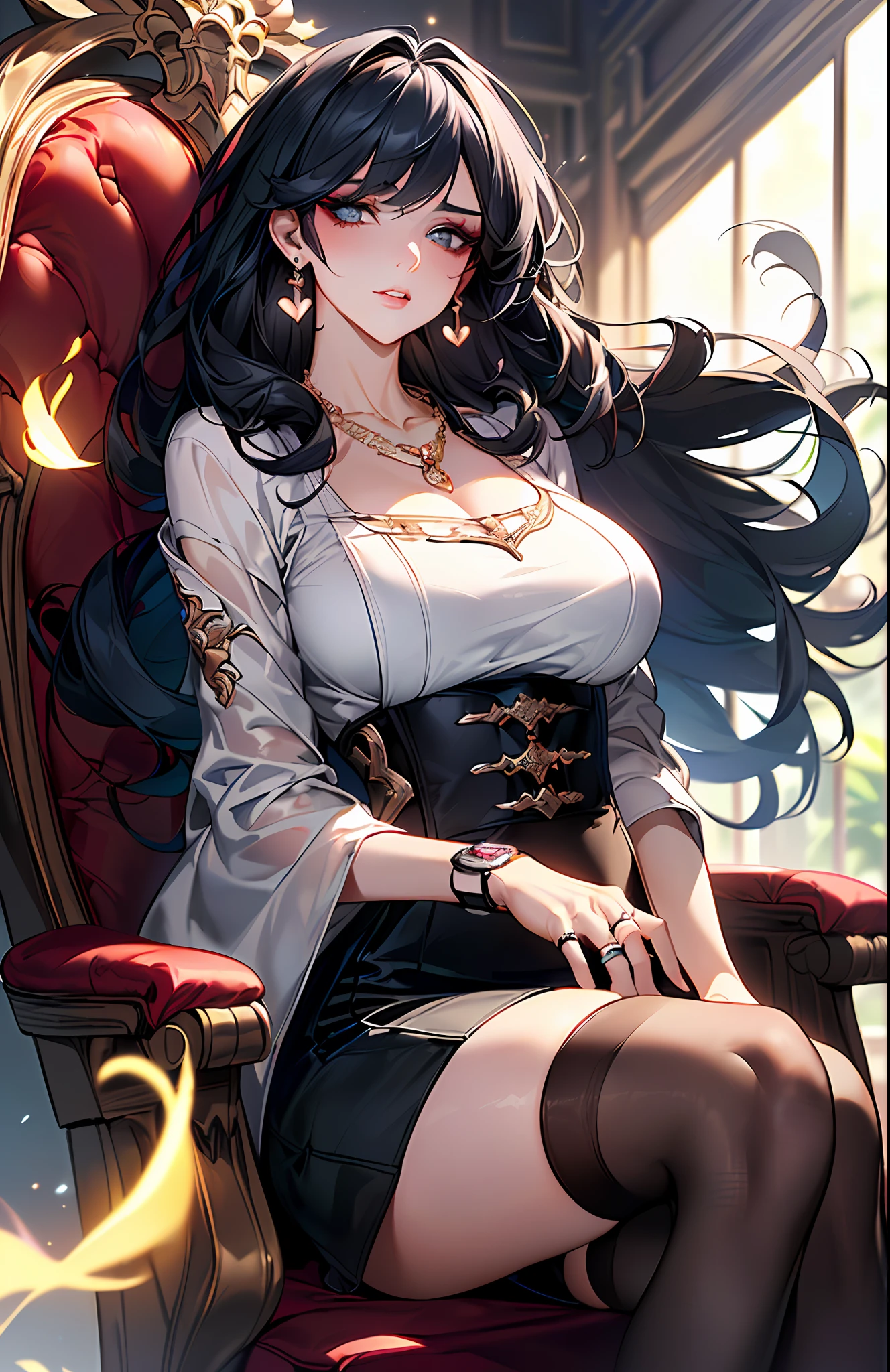 Morning,Black color hair,(best qualtiy,8K,tmasterpiece),(In a luxurious office,Sit in a plush chair,Capture),(A pretty maiden,having fun,cabelos preto e longos,Long messy hair,curlies,Huge eyes:1.3,Long eyelashes,Delicate makeup:1.4,Sexy lips,Blushlush),(Exquisite watches,Reflective necklace,Bulgari's earrings,Bulgari's ring),(In a luxurious office,Sit in a plush chair,Capture),(Fashionable outfits,Wear white long-sleeved clothing,Loose top,Large-size clothes),(middle breasts,endure),(Black oily transparent stockings),(Very short skirt,Superskirt),Light ripe,Royal Sister,Best light,Best shadow,电影灯光,28 years old,1girll,Need,(realskin,Supple skin)Ray traching,Unreal Engine 5,Reflective skin,Digital illustration,Game CG characters,super model,(kpop,heartthrob),(Body edge lighting,Colored light sources are around),There is wind blowing hair,Looking into the distance