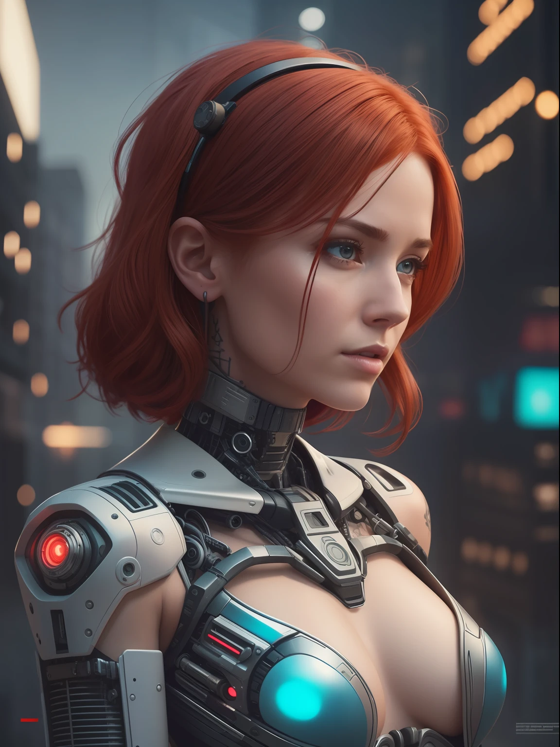 Award-winning photo from the waist up, red-haired woman showing her face, alone, from the torso up, with cybernetic enhancements with tattooing of magical symbols, in front of cyberpunk buildings, vibrant, photorealistic, hyper-realism, strong impressionist painting style, 1,618, elegant, ethereal, intricate, elaborate, hyper-realism, hyper-detailed, strong expressiveness and emotionality, cinematic lighting, visual clarity