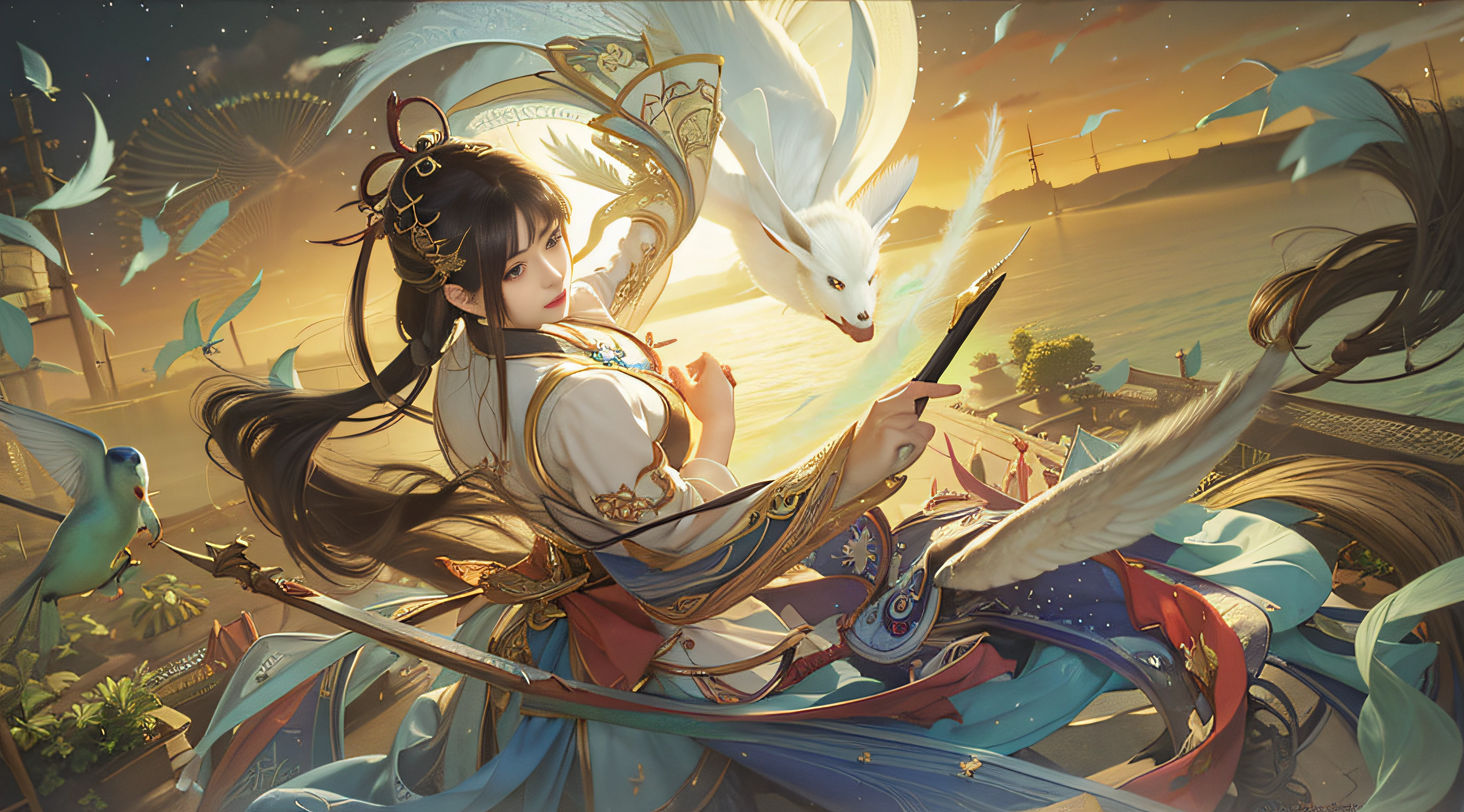 anime girl with a sword and a bird in her hand, by Yang J, mohrbacher, Artgerm and Atey Ghailan, Beautiful young wind spirit, Onmyoji detailed art, In the artistic style of Morebach, author:Chen Lin, Inspired by Fenghua Zhong, By Li Song, Artgerm and Ruan Jia