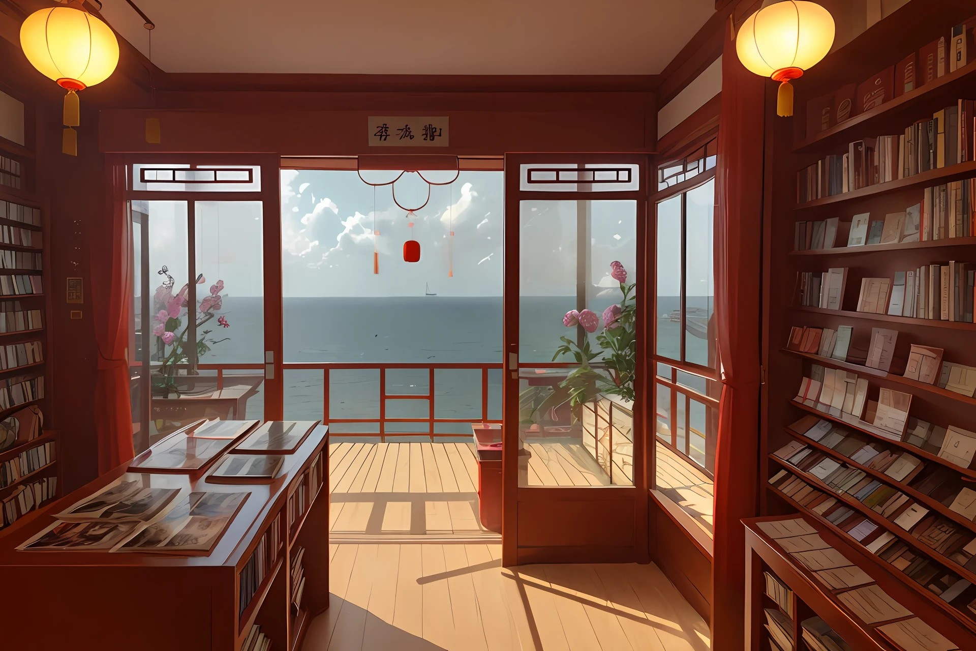 A wind chime made of rainbow-colored shells sways slowly,Hang on the window,The windows face the vast sea。Next to the window is a bookstore that combines Chinese and Western cultures。