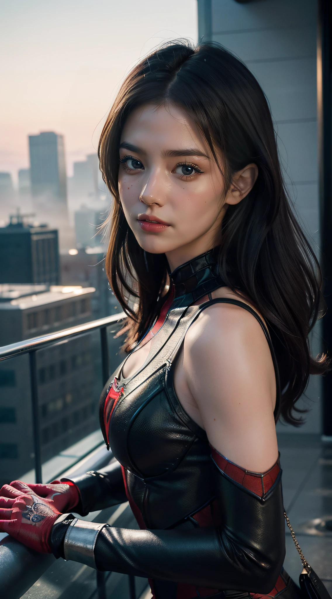 (1girl:1.3), Solo, (((Very detailed face)))), ((Very detailed eyes and face)))), Beautiful detail eyes, Body parts__, Official art, Unified 8k wallpaper, Super detailed, beautiful and beautiful, beautiful, masterpiece, best quality, original, masterpiece, super fine photo, best quality, super high resolution, realistic realism, sunlight, full body portrait, amazing beauty, dynamic pose, delicate face, vibrant eyes, (from the front), She wears Spider-Man suit, red and black color scheme, spider, very detailed city roof background, rooftop, overlooking the city, detailed face, detailed complex busy background, messy, gorgeous, milky white, highly detailed skin, realistic skin details, visible pores, clear focus, volumetric fog, 8k uhd, DSLR, high quality, film grain, fair skin, photo realism, lomography, futuristic dystopian megalopolis, translucent