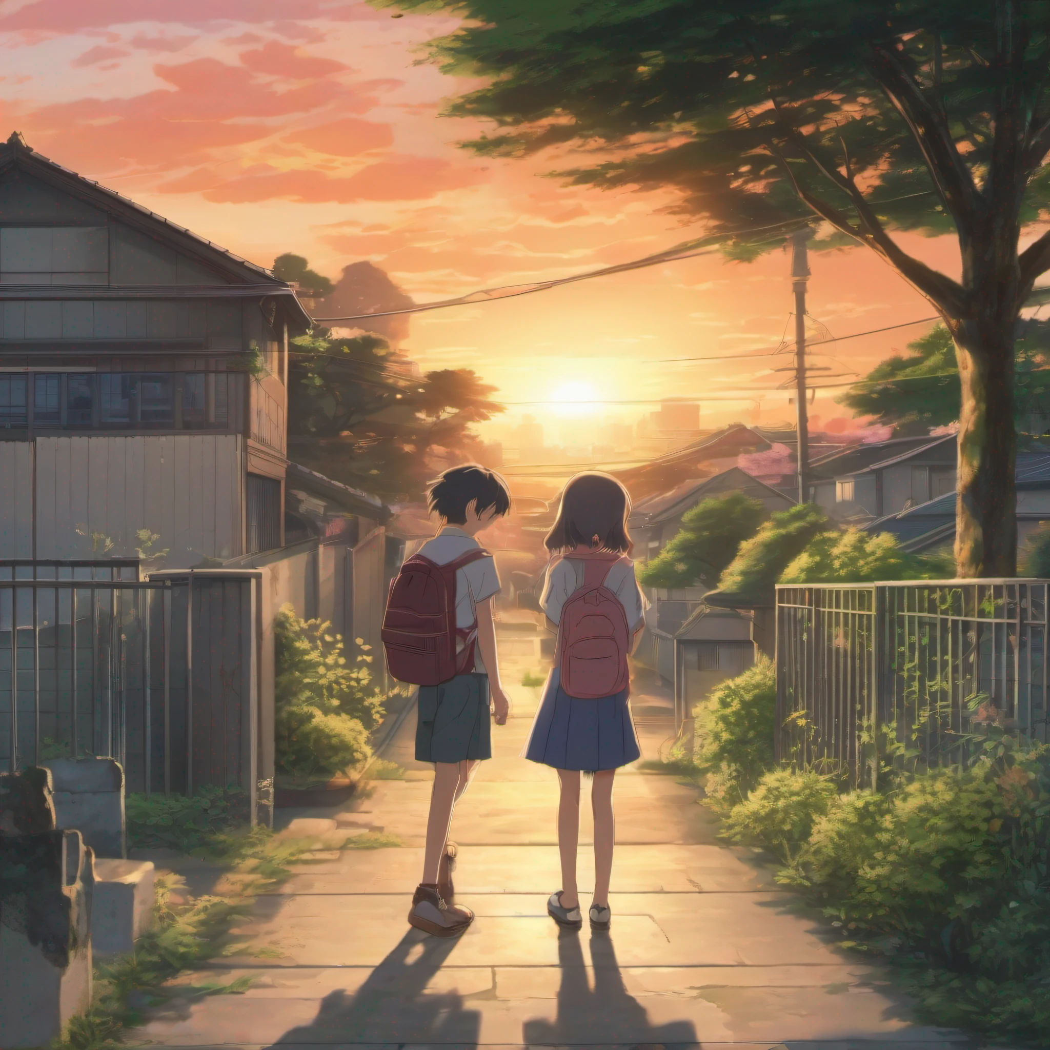 A peaceful sunset in a tranquil Tokyo suburb. Two , a boy and a girl, wiping away sweat from their foreheads in the sweltering heat.