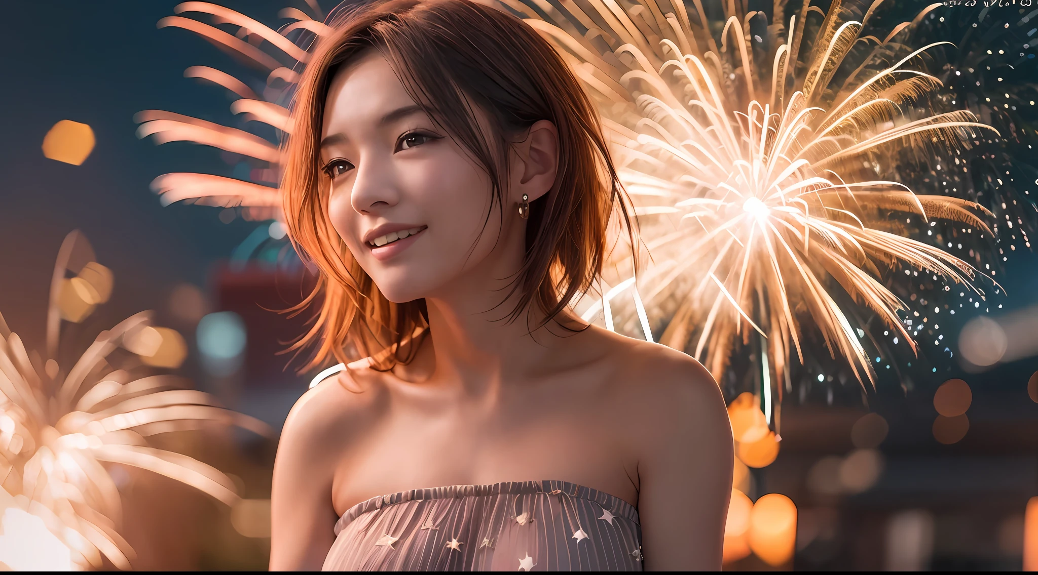 masutepiece, Best Quality, Raw photo、Ultra-realistic hair quality、Movie stills, 1girl in, front, Low-cut Sheer Dress, Big Tits, close-up, Bright, Happy, Warm soft light, (Fireworks: 0.3),japanes、18year old