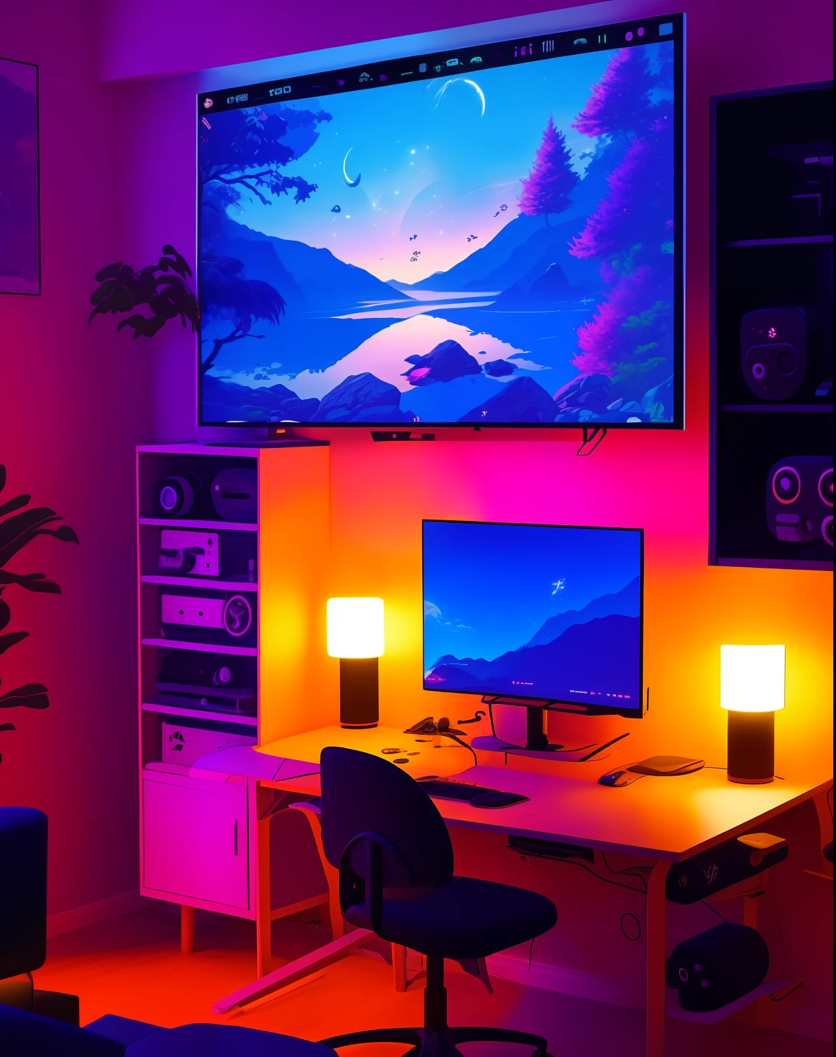 hestyle inside view of gaming room at evening, colorful night