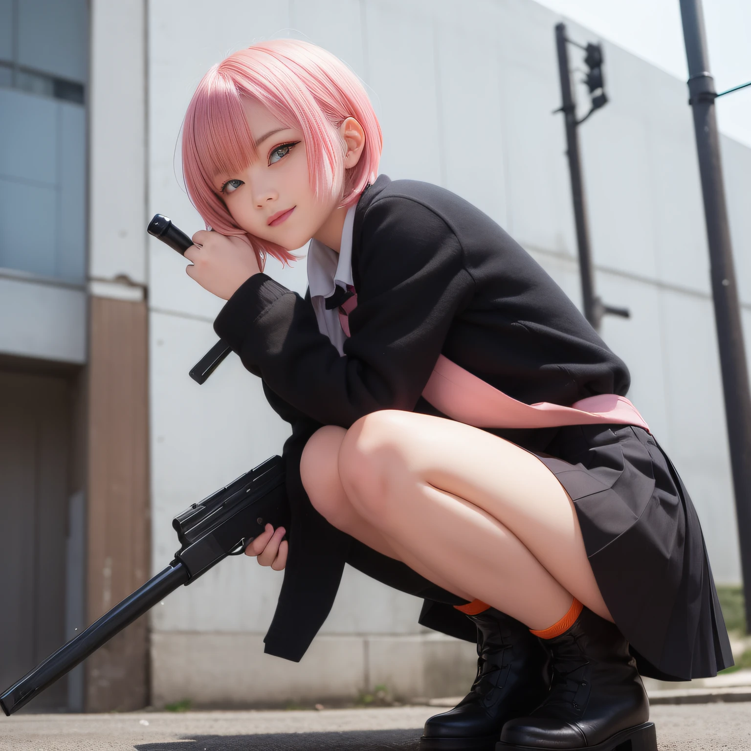 girl with A pink-haired short-hair squatting on one knee School Uniforms a black pleated skirt Good-looking long boots Boomerang weapon in right hand Eyes are orange Smiling Watching the enemy face perfect dest face