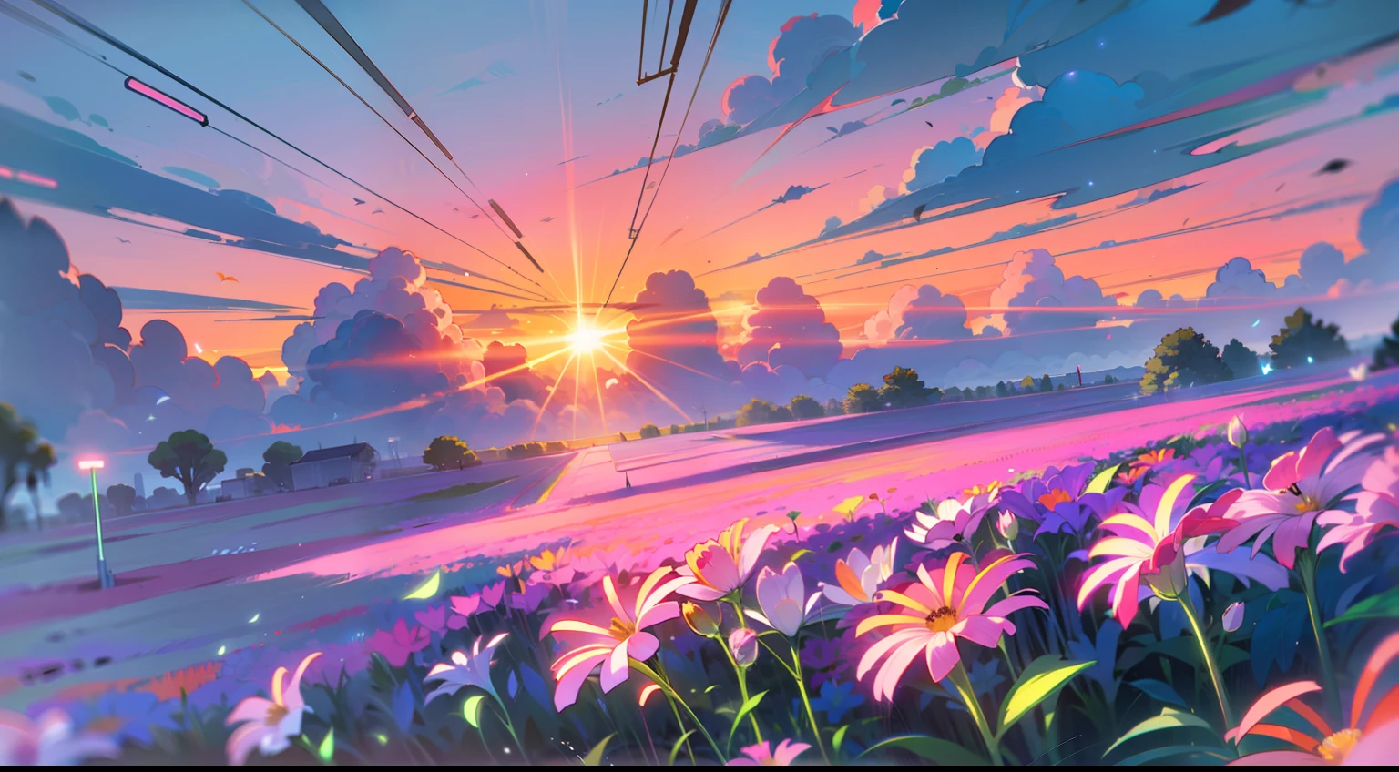 field, (((field of neon flowers))), clouds, sunrise