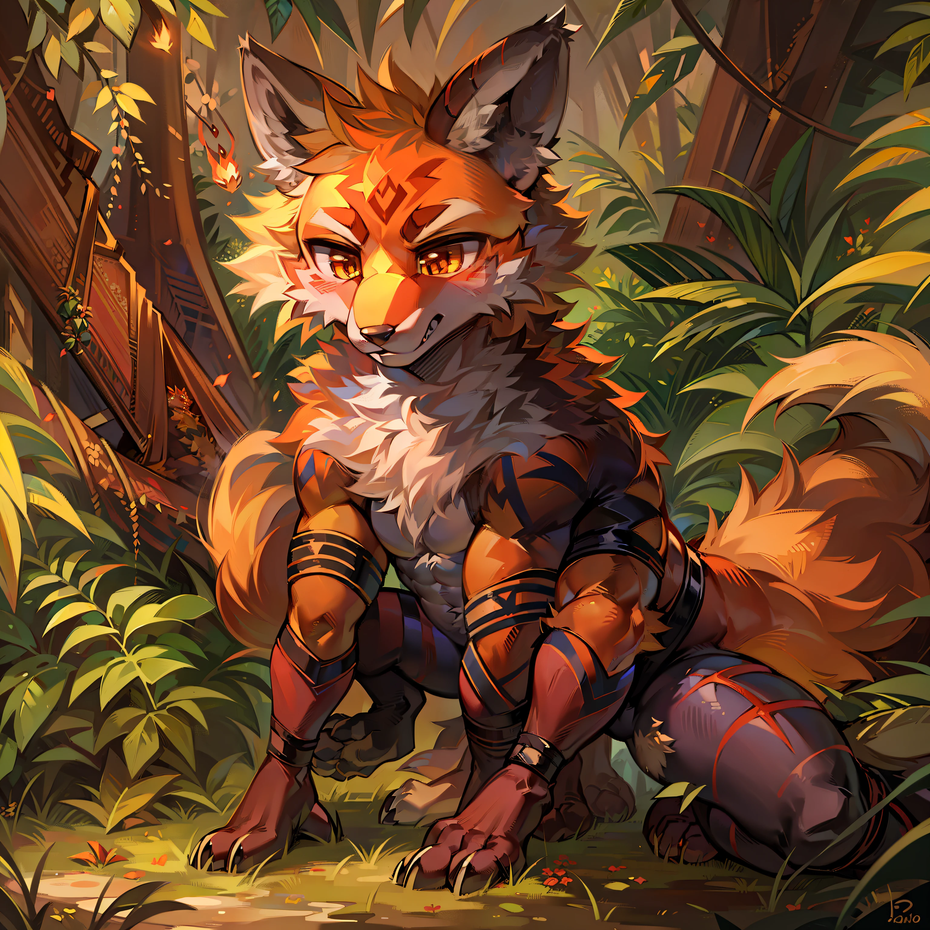 A furry fox beast too,In the middle of the jungle,Body hair is reddish-orange,There is a flame pattern on the arm,There are crimson stripes on the sides of the abdomen,The head has a color dividing line,Yellow wavy stripes on the legs,The plush texture is strong,Hairy,Moe painting style,The abdomen does not have muscles,Stand on two legs