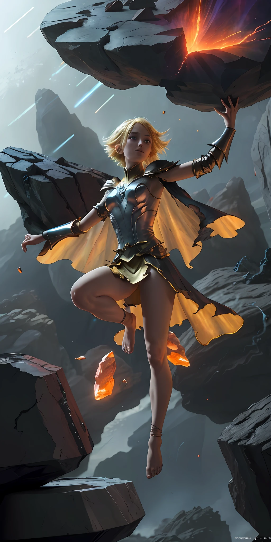 female barefoot summoner levitating with blonde hair armor and cape arms lifted up over a broken earth bright lava light from below asteroid field (jagged rocks boulders and debris shooting into the air:1.3) (windy dust debris storm:1.1) volumetric fog mist ray tracing z pass bright light from below, (masterpiece) (best quality) (detailed) (8k) (cinematic lighting) (sharp focus) (intricate)