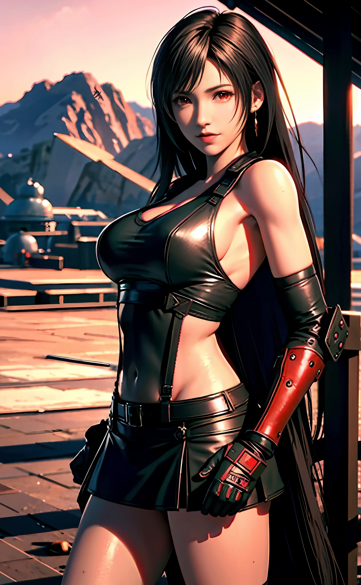 Tifa lockhart, tifa_lockhart,  ff7, sultry face, (full :1.5), (black long hair), hair bangs (red eyes:1.3) long eyelashes, beautiful red eyes with brightness, surrealism, shadow, stereogram, photorealistic, realistic, POV, atmospheric perspective, cinematic lighting, ray tracing, 8k, super detail, best quality, masterpiece, well detailed, (Canon EOS R6, 135mm, 1/1250s, f/2.8, ISO 400:0.9), red combat gloves, big breasts, slim, (medium breasts:1.4) (view from front:1.4)(nature background:1.3)