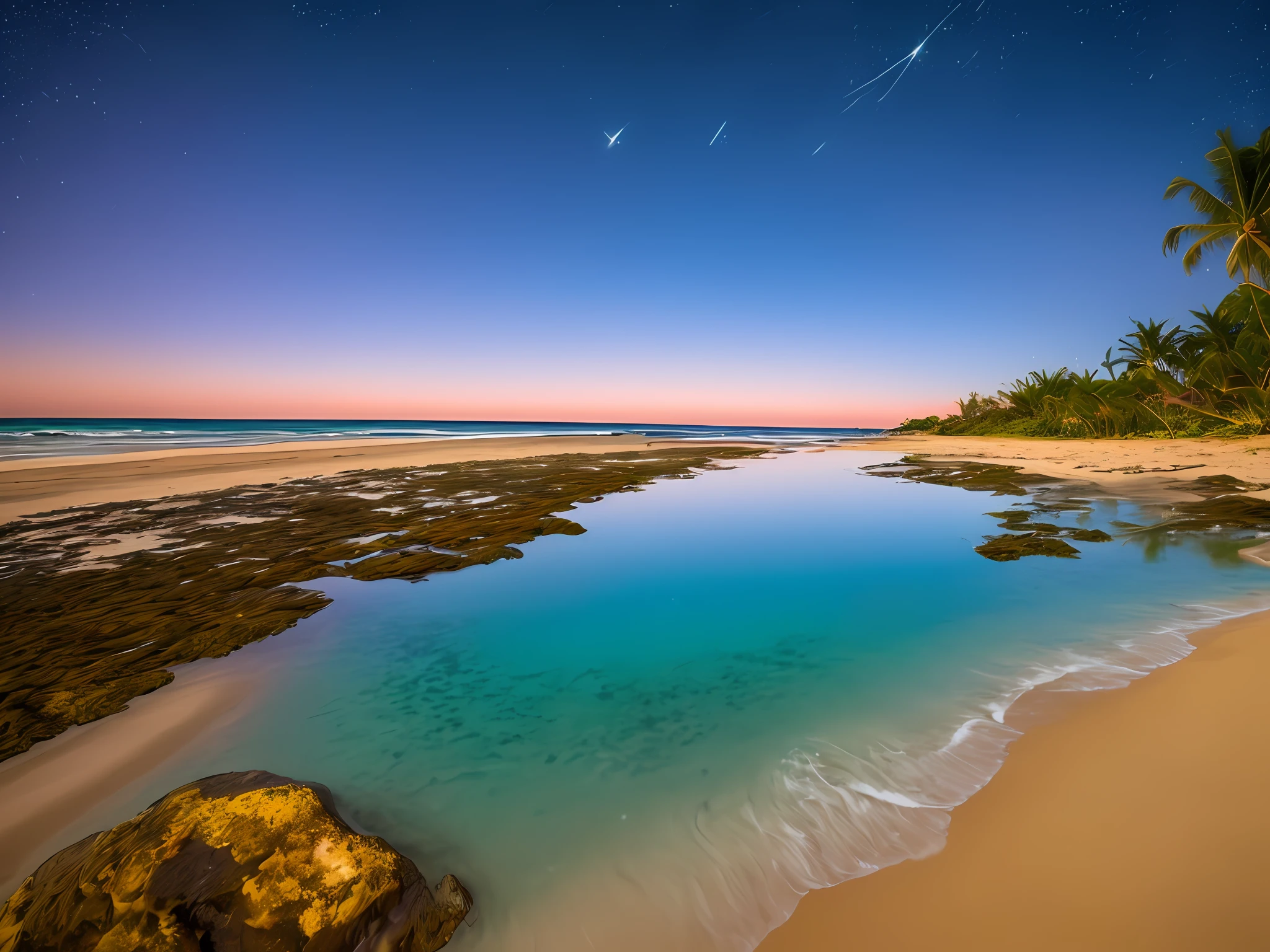 Uma praia azul brilhando com as luzes das estrelas, water reflected the brightness of stars, com pequenas ondas tranquilas, mar sem fim, noite, coqueiros longos, areia fina e minimamente brilhante,