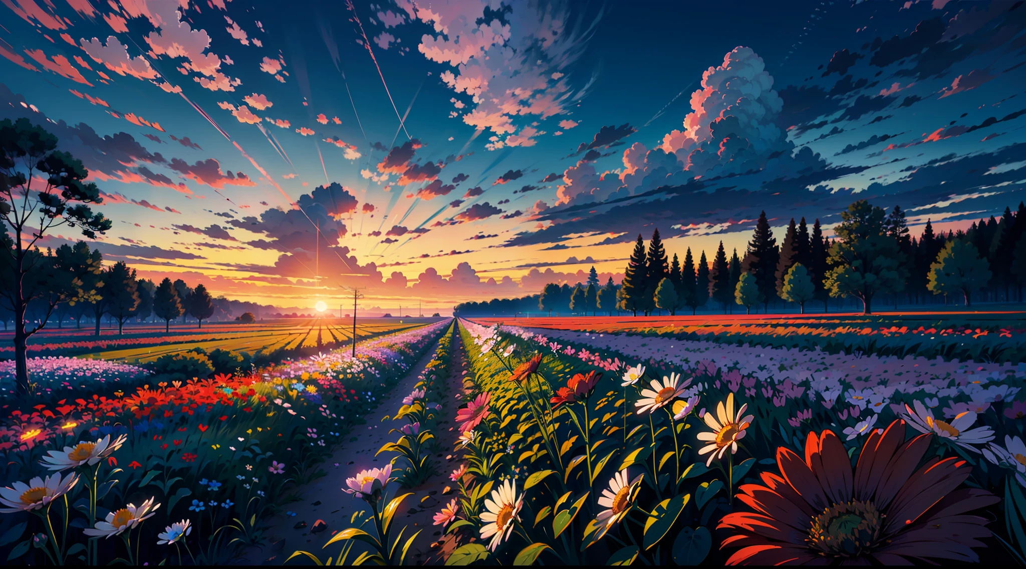 field, ((field of neon flowers)), clouds, sunrise