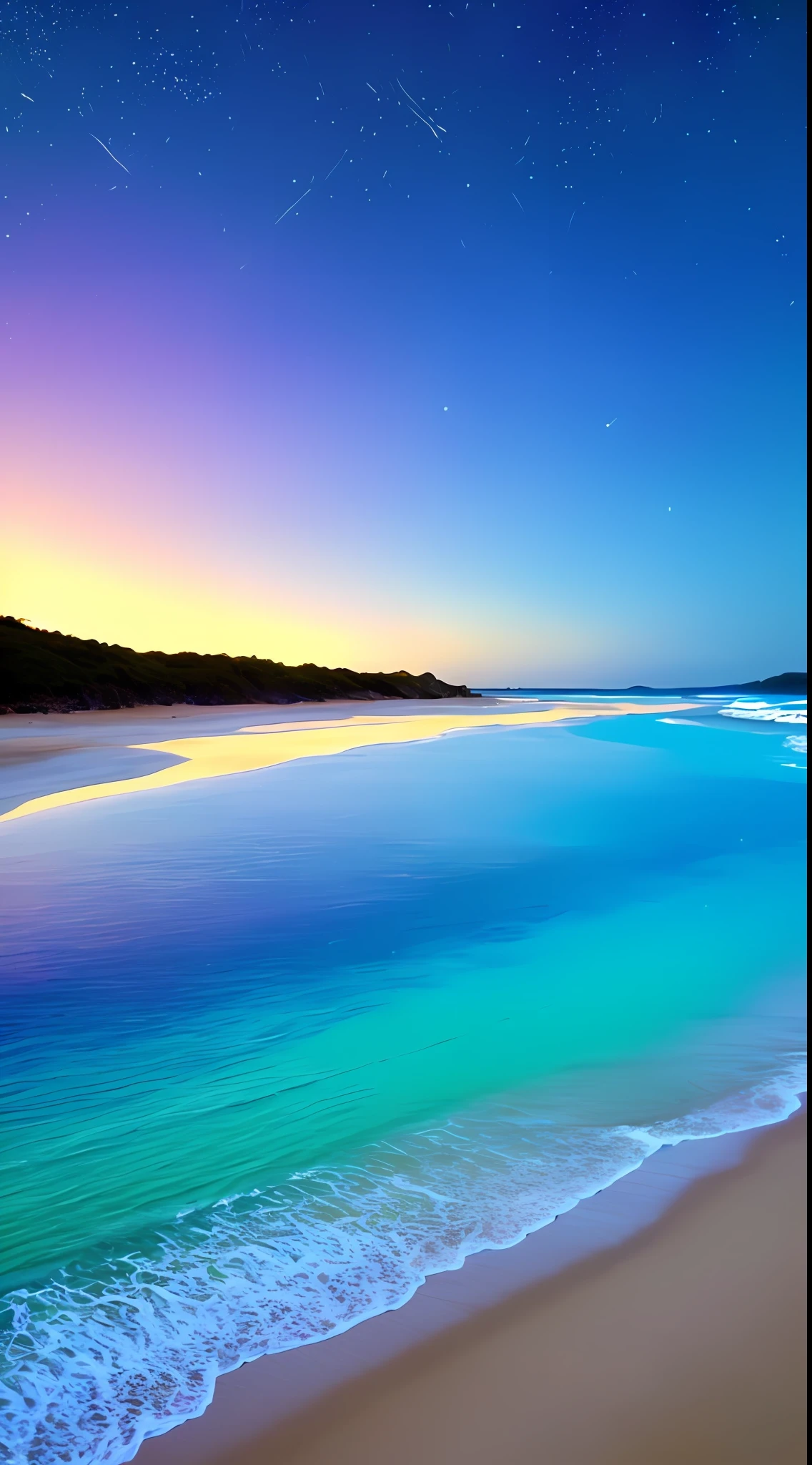 Uma praia azul brilhando com as luzes das estrelas, The water reflected the brightness of the stars, com pequenas ondas tranquilas, mar sem fim, noite, coqueiros longos, areia fina e minimamente brilhante,