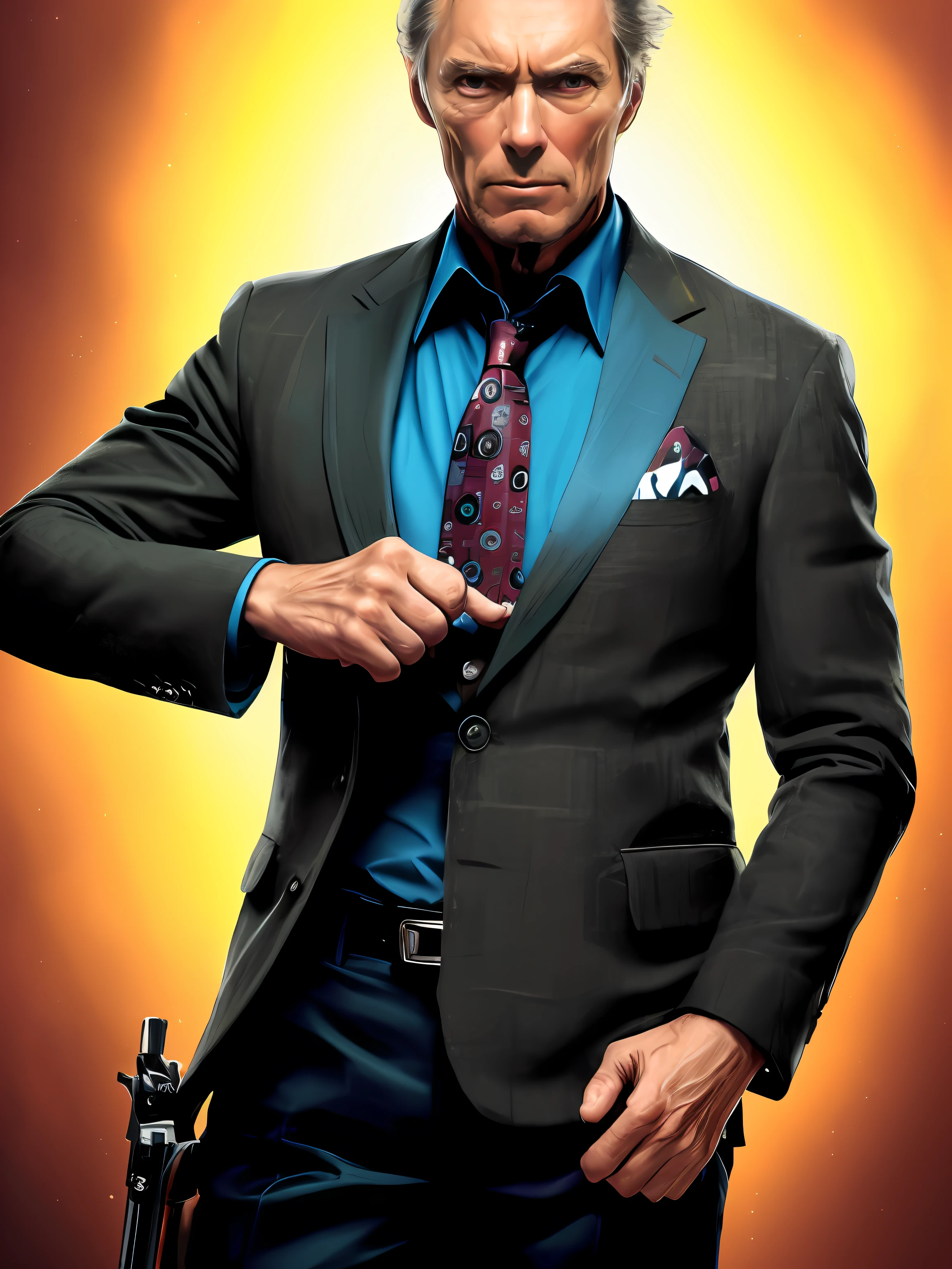 Modelshoot style, (the Extremely Detailed CG Unity 8K Wallpapers), Portrait of (Clint eastwood【BREAK】、(((年轻:1.3))), staring at us with a mysterious gaze,( Tweed jacket、Y shirt、neck tie、)Realistic, masutepiece, Highest Quality, ((scifi)), Lens Flare, ((light glow)), Unreal Engine, Digital Painting, Style-TronLegacy-8v-B, Trending on ArtStation, Trending on CGSociety, Convoluted, high detailing, Dramatic, Realism, beautiful and detailed lighting,