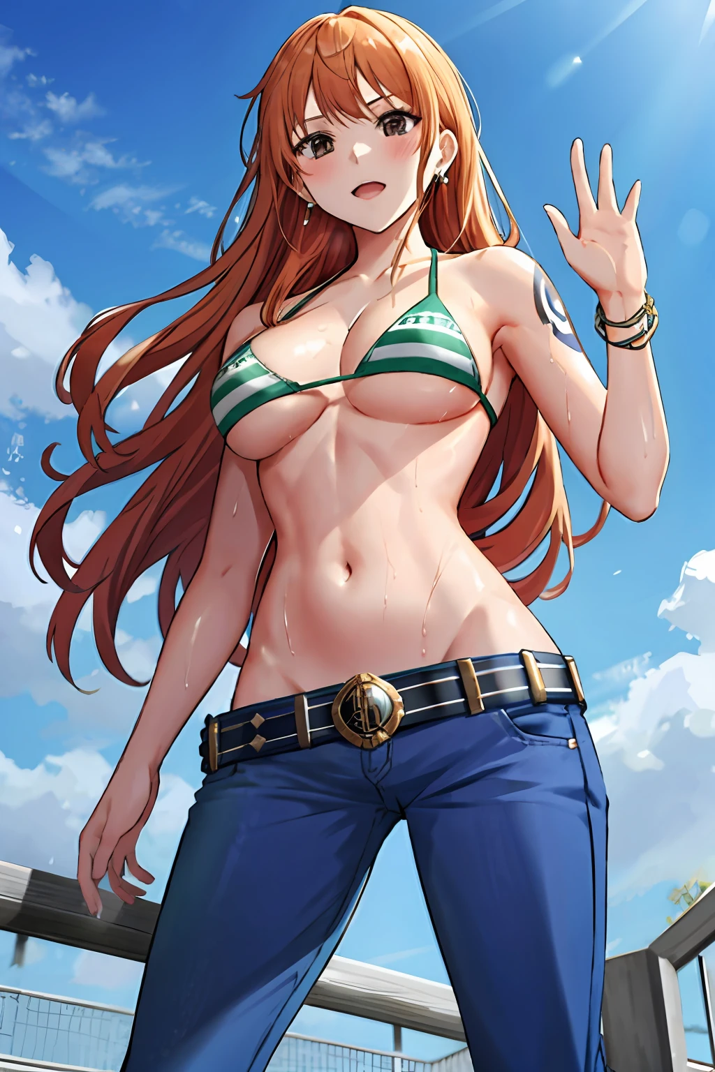 detailed background, masterpiece, 4k, best quality, late youth, adult, wrestler body, 1girl, active, energic, uppercut, (large mouth) , solo, nami \(one piece\), 1girl, bangle, (very wet, drenched in sweat, sweat all over body, very wet hair, tired, taking breath, open mouth, hand on stomach, sweaty face, sweaty body, panting, sweating too much, shiny sweat, sweat stains, leaning forward, tilting, hands on knees, waving good bye), perfect detailed face, bold drawing lines, muscular arms, detailed bold arm lines, flat jaw, adult woman, wavy wide streaked bangs, floating bang streaks, (big cheeks), bare shoulders, off-shoulders, belt, bikini, bikini top only, blue sky, bracelet, springy breasts, breast lines, big round eyes, plain big brown shiny eyes, bubbles, high eye position, cleavage, cloud, day, denim, earrings, floating hair, shiny hair, green belt, green bikini, bold groin lines, jeans, jewelry, large breasts, log pose, long hair, looking at viewer, navel, wet hair, orange hair, pants, shoulder tattoo, sidelocks, sky, solo, standing, stomach, swimsuit, tattoo , looking at viewer, open mouth, detailed left arm, big forehead, hourglass figure, small head, toned body, wide hair, wind effect, sun effect, under the sun, narrow small ears angle, older, random poses,