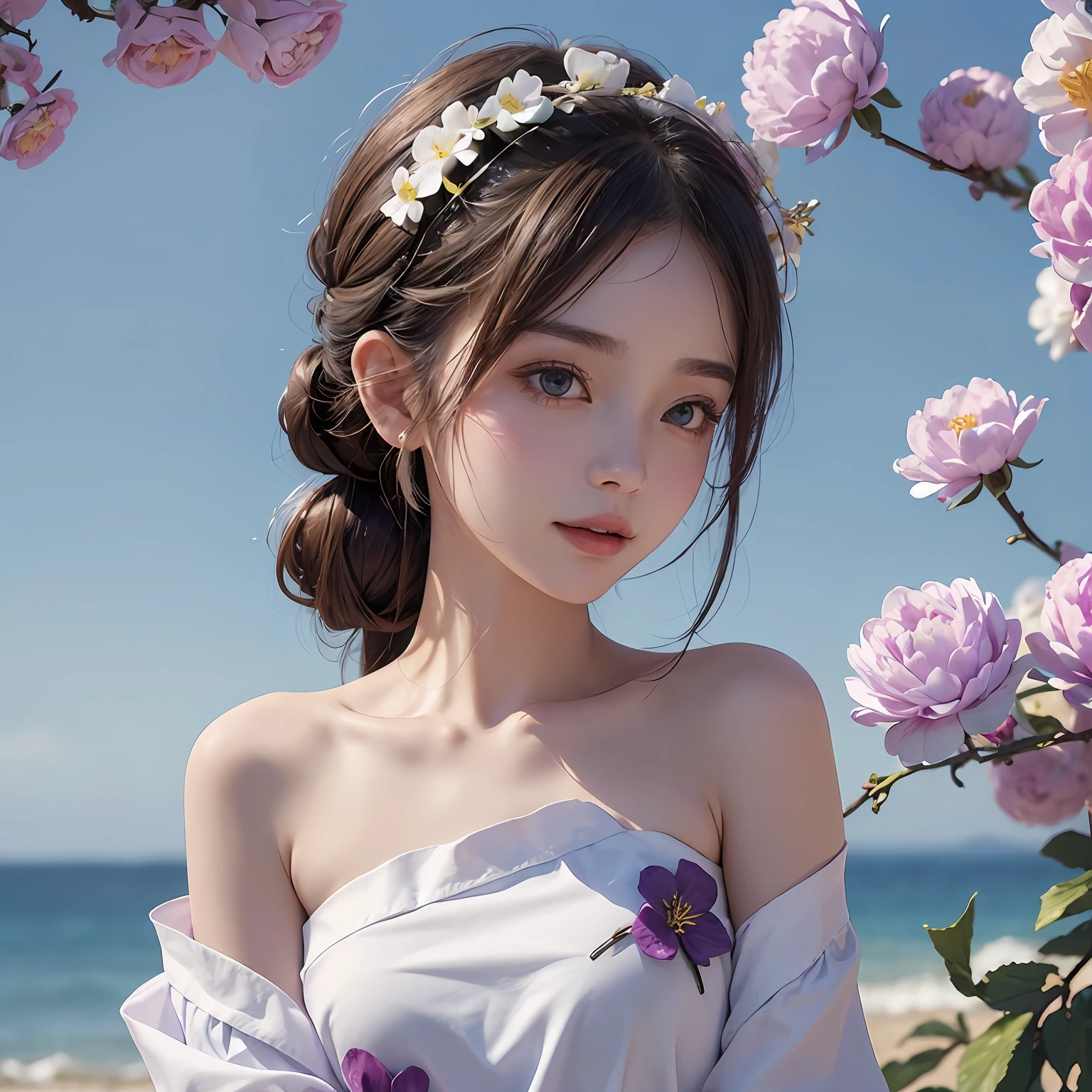 ((Best picture quality, 8K, tmasterpiece:1.3)), 1 cute playful girl, Smart beauty with slim abs:1.3, (Casual hairstyle, Purple flowers are worn on the head,Above the shoulder:1.2), White short sleeves:1.1, Ultra-fine face, A detailed eye, 二重まぶた,ssmile,Purple peony flowers are worn on the head,white clothes,Quiet pure sky background,solo person,Close-up of the area above the shoulder!