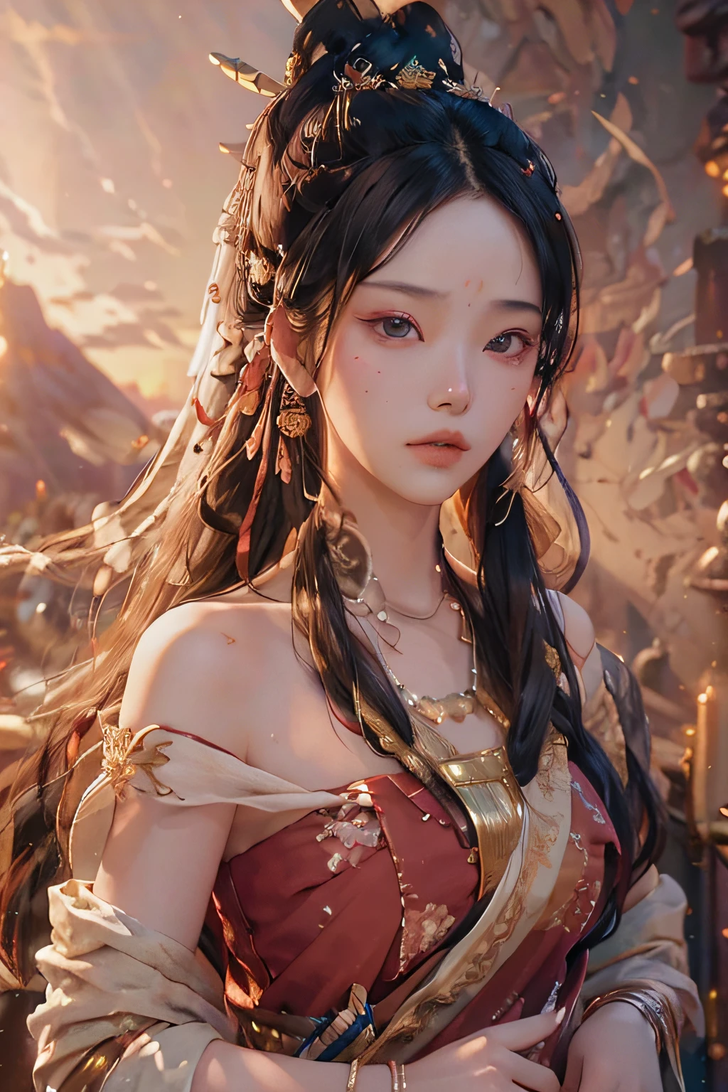nsfw，（RAW photos，best qualtiy），（realisticlying，photograph realistic：1.3），best qualtiy，highly  detailed，tmasterpiece，ultra - detailed，illustratio，1girll，upper_body，dynamic angle，Masterpiece Theatre of the World，messy_long_hair，best qualtiy，the Extremely Detailed CG Unity 8K Wallpapers，ink，astounding，cinmatic lighting，lens_flare，dunhuang_style，s the perfect face，delicated face，eye detailed，Milky skin，Dusk background（Red sunset，1.5），Ancient China，Gentle and mature，Draped with hair