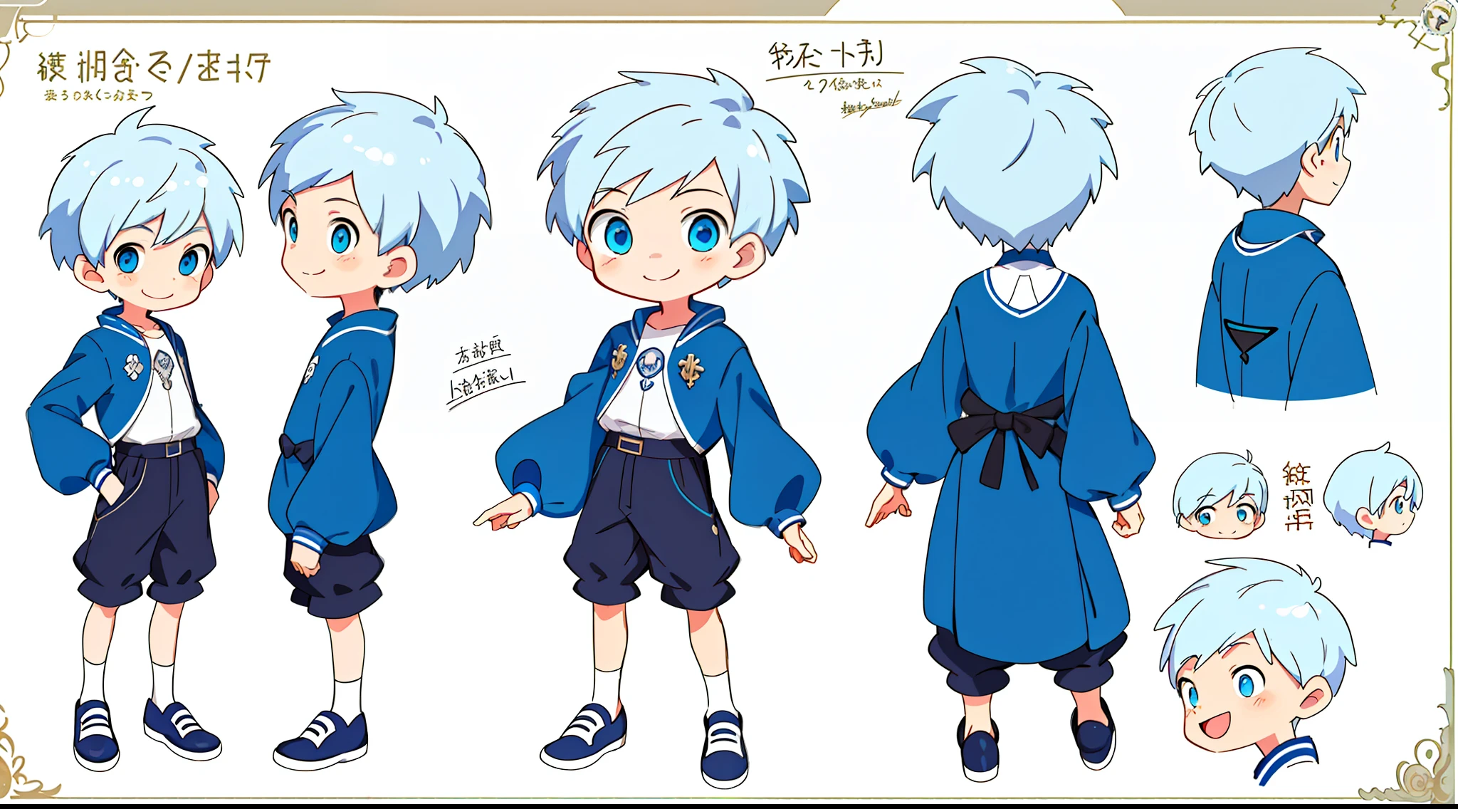 Reference sheet of a  boy, short white hair and blue eyes, smiling, ((masterpiece)),(((best quality))),(character design sheet,same character,front,side,back) wearing a casual cloth and short pants, detailed face, detailed hair, concept art, character concept art, character sketch, reference sheet, character sheet