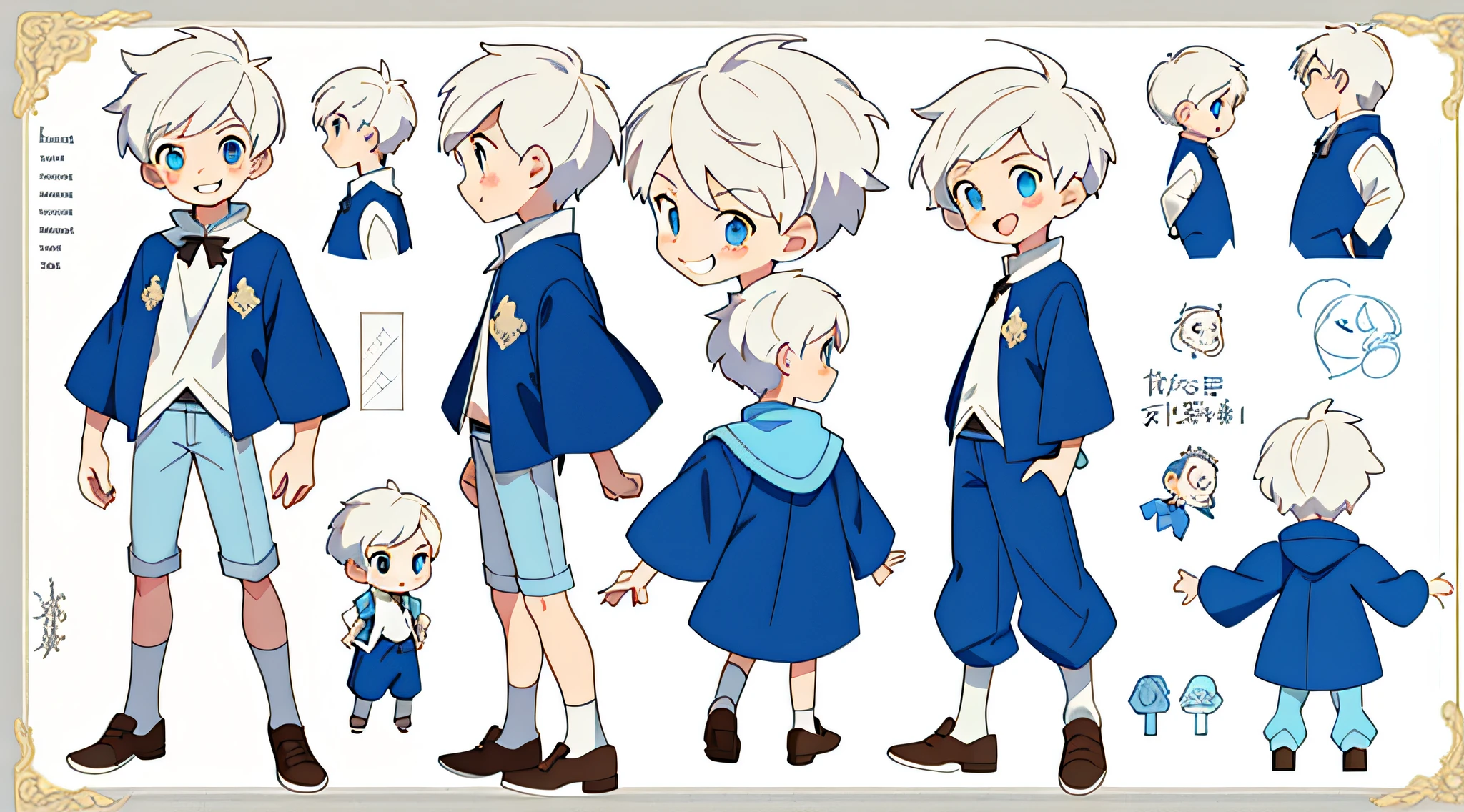 Reference sheet of a  boy, short white hair and blue eyes, smiling, ((masterpiece)),(((best quality))),(character design sheet,same character,front,side,back) wearing a casual cloth and short pants, detailed face, detailed hair, concept art, character concept art, character sketch, reference sheet, character sheet