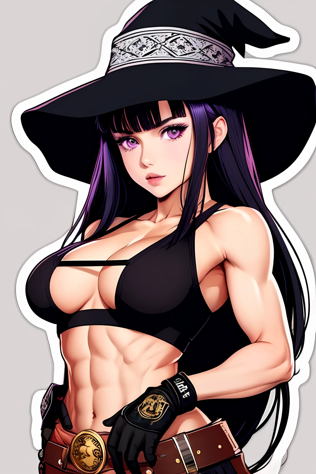((stickers)), 1girl, solo, long hair, breasts, looking at viewer, bangs, black hair, gloves, hat, bare shoulders, medium breasts, purple eyes, collarbone, upper body, parted lips, black headwear, muscular, witch hat, tank top, fire, muscular female, black tank top (masterpiece:1.2), (best quality), (ultra detailed), (8k, 4k, intricate),(highly detailed:1.2),