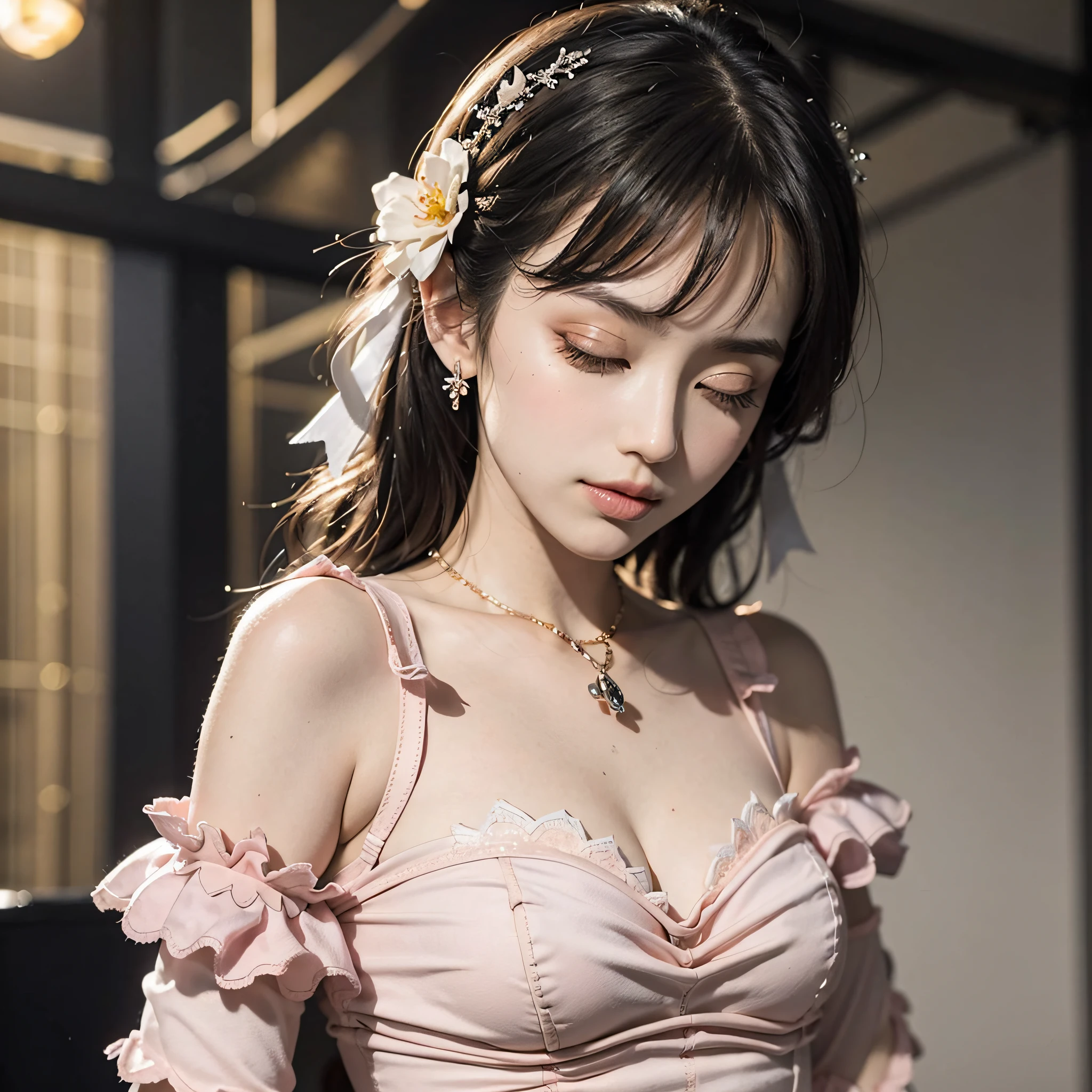 (illustration:1.1),(Best quality),(Masterpiece:1.1),(beautiful and clear background:1.25),(Masterpiece, Best quality, Ultra-detailed), (Photorealistic), (Beautiful detailed eyes),
Stage,stage light,
1girll,Solo,
, Yellow eyes, frill dress, pastel pink dress,Light smile,Depth of field,(Pale pink gloves:1.4),Frilled gloves,sweeping bangs,
Bare shoulders, One eye closed,sneak shot