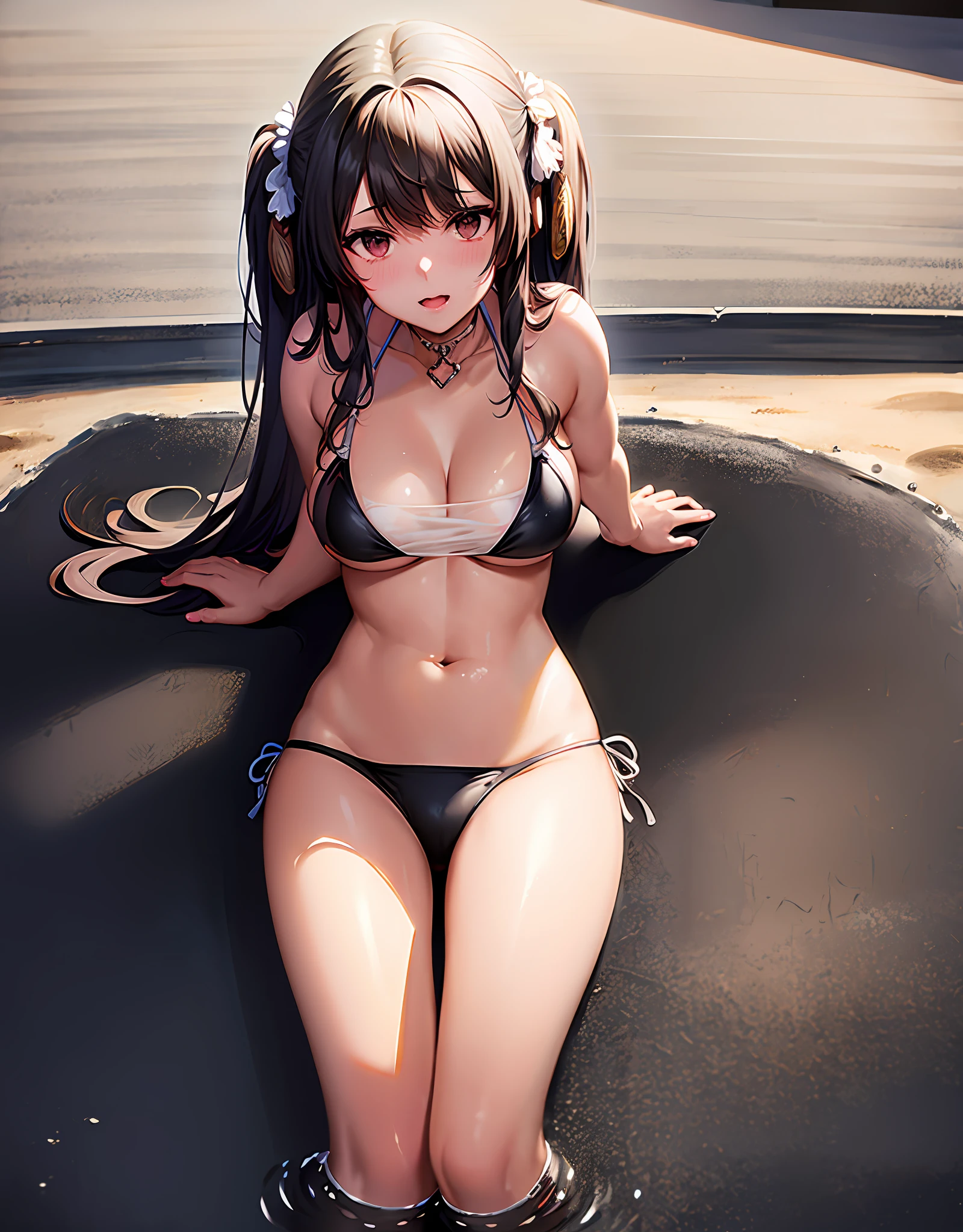(see-through bikini:1.3),A Masterpiece, BEST QUALITY, Ultra High definition, Top Resolution, High detail、the anime, Wet Body, all on fours、Put your hands on the ground、Raise your buttocks high、Watching the Viewer、Angle from behind, medium Hair, dark black hair,