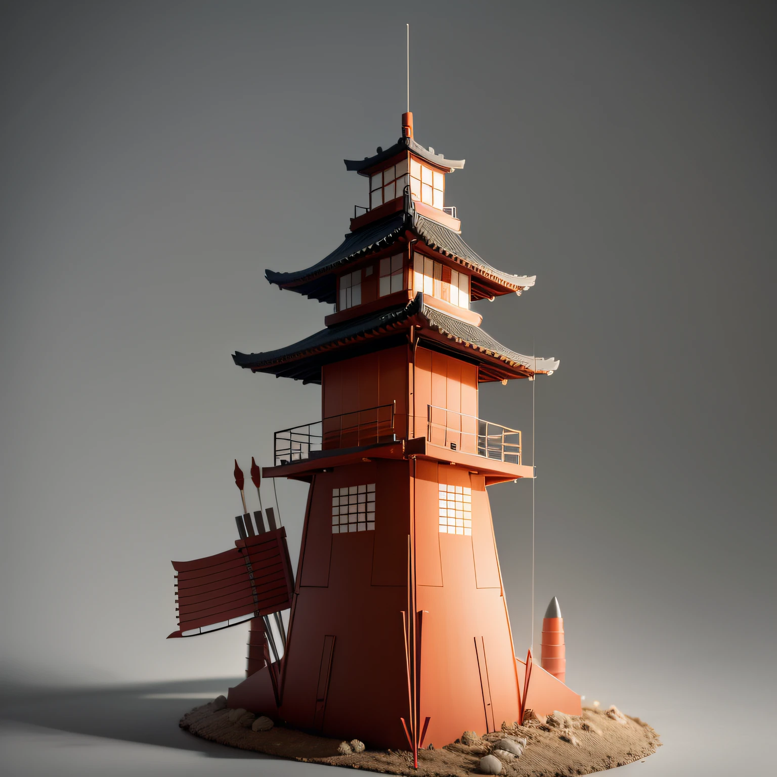2D turret,Japanese arrow tower style,a warm color palette