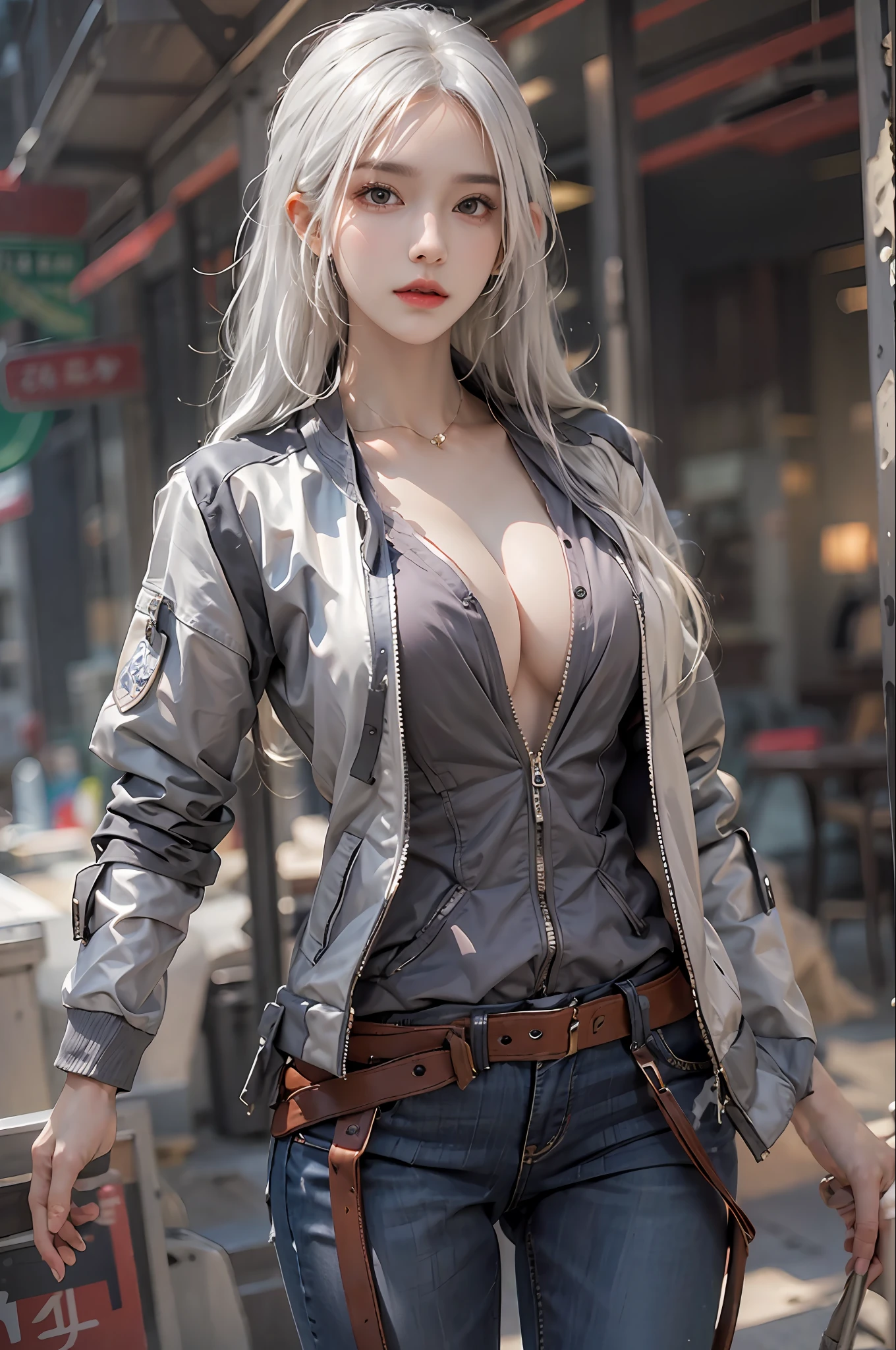 photorealistic, high resolution, 1 women, solo, hips up, look at viewer, (detailed face), white hair, long hair, medium breasts, wanderer clothes, jacket